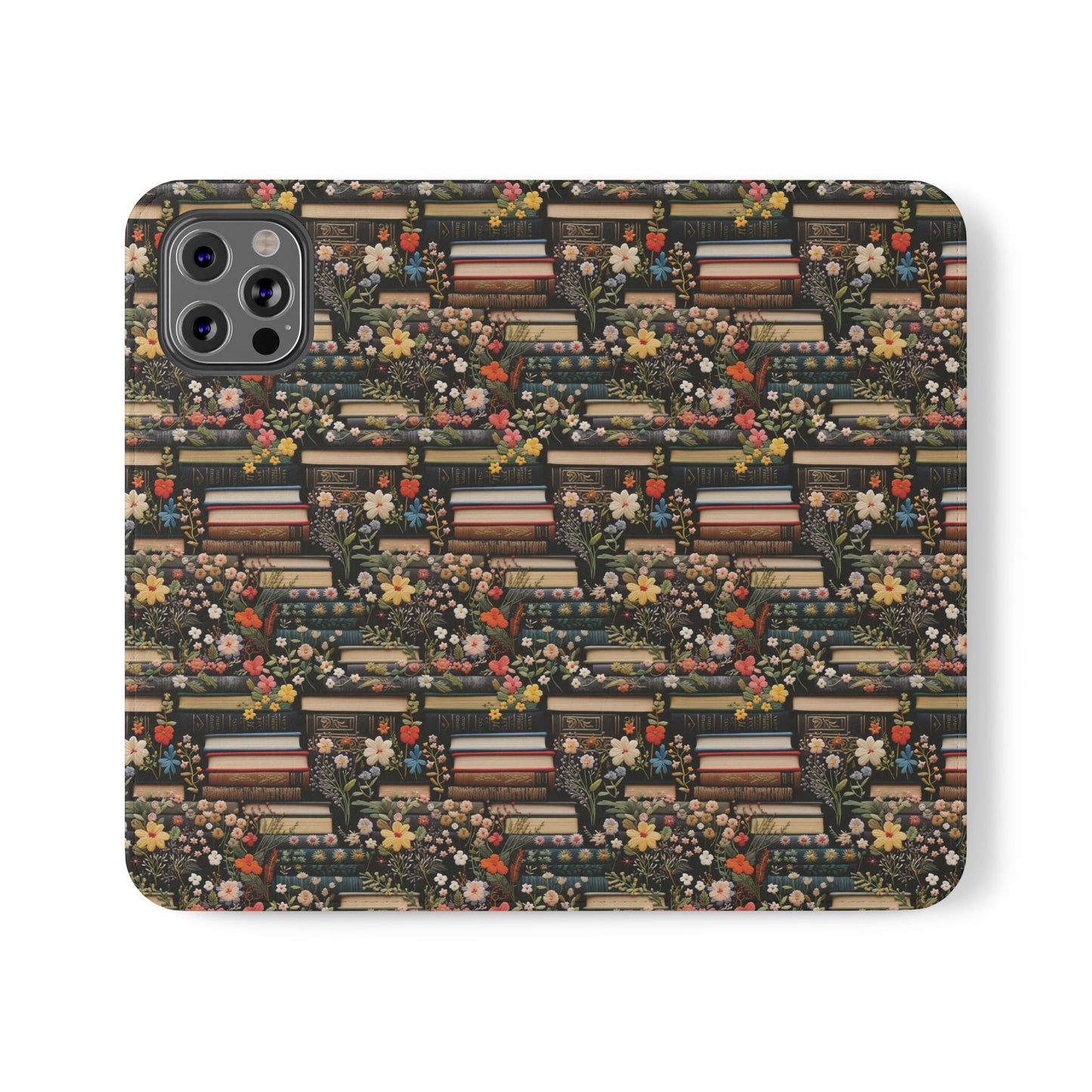 Book Stack Floral Flip iPhone and Samsung Phone Case — Vintage Library Wallet Cover.