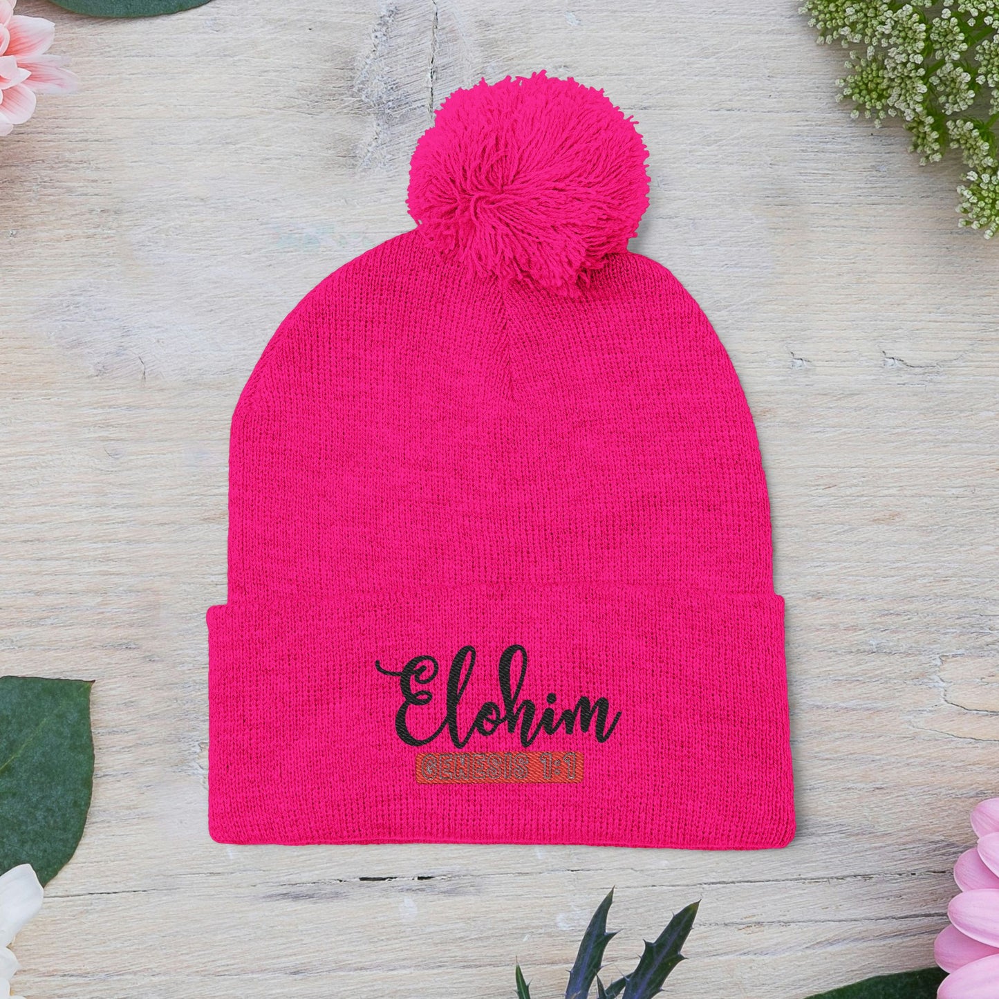 Pom-Pom Knit Cap with 'ELOHIM, GENESIS 1:1'  Embroidery Beanie - Stylish Winter Accessory for All Ages, Perfect Gift for Birthdays, Holidays, and Outdoor Activities