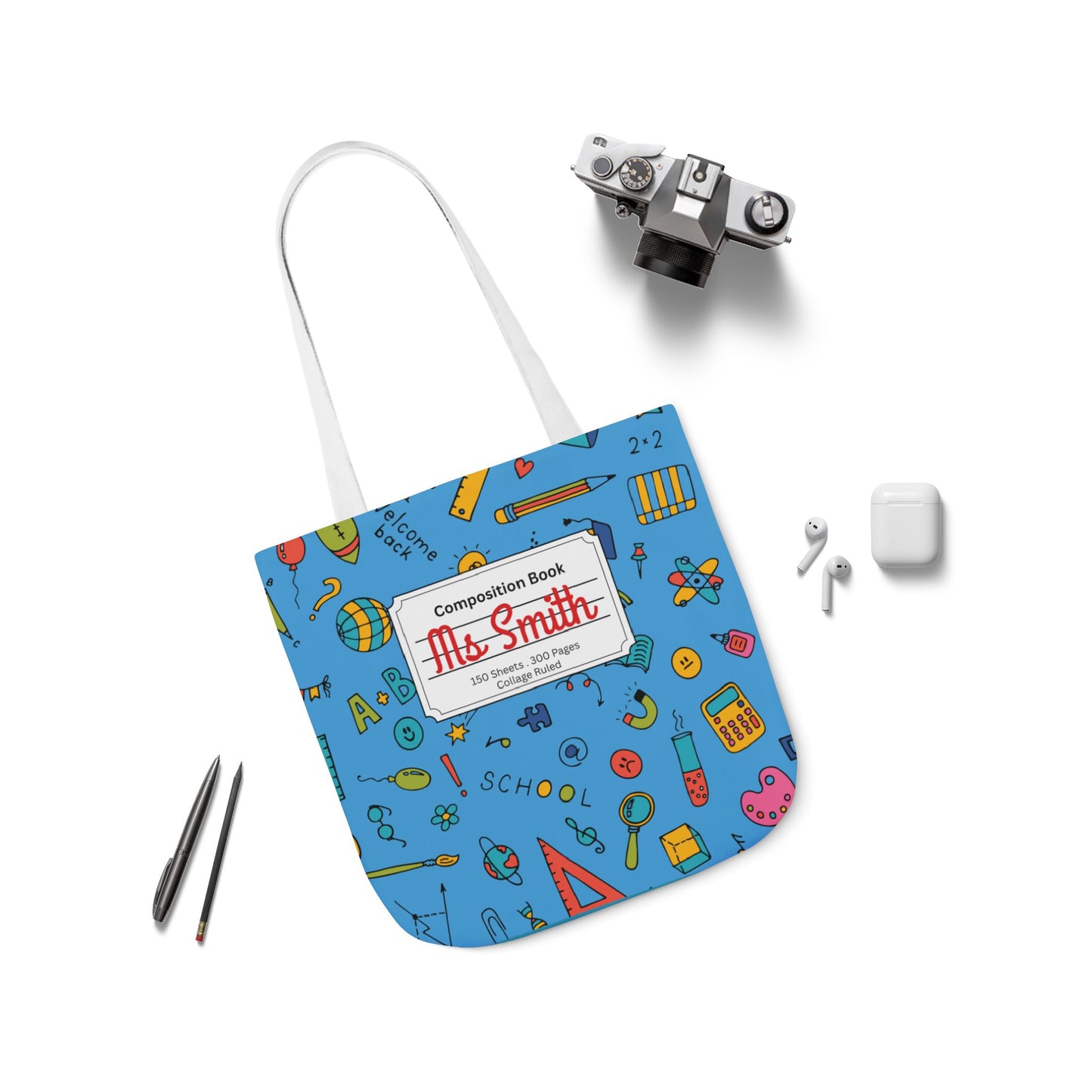 Personalized Classroom Couture Composition Book Inspired Canvas Tote Bag with Colorful Straps, Cute School Bag, Eco-Friendly Tote, Back to School Shopping Bag, Teacher Gift Idea