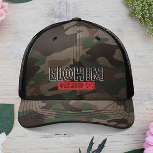 Camouflage Embroidered Trucker Hat with 'ELOHIM, GENESIS 1:1', Casual Style Hat, Adjustable, Unisex, Perfect Gift for Outdoors, Festivals, Daily Wear.