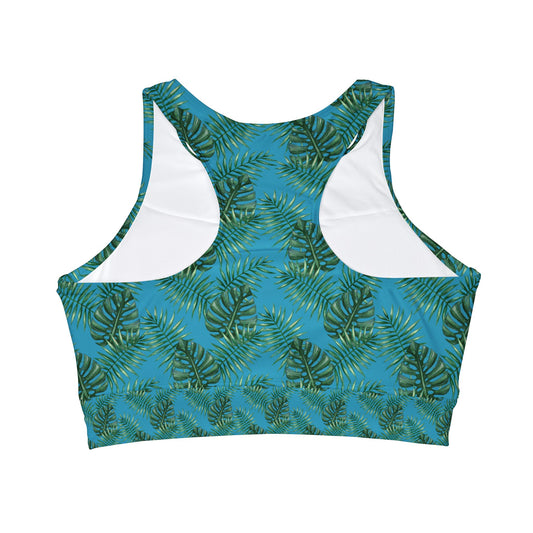 Turquoise Tropical Bliss High Neck Crop Bikini Top (AOP)