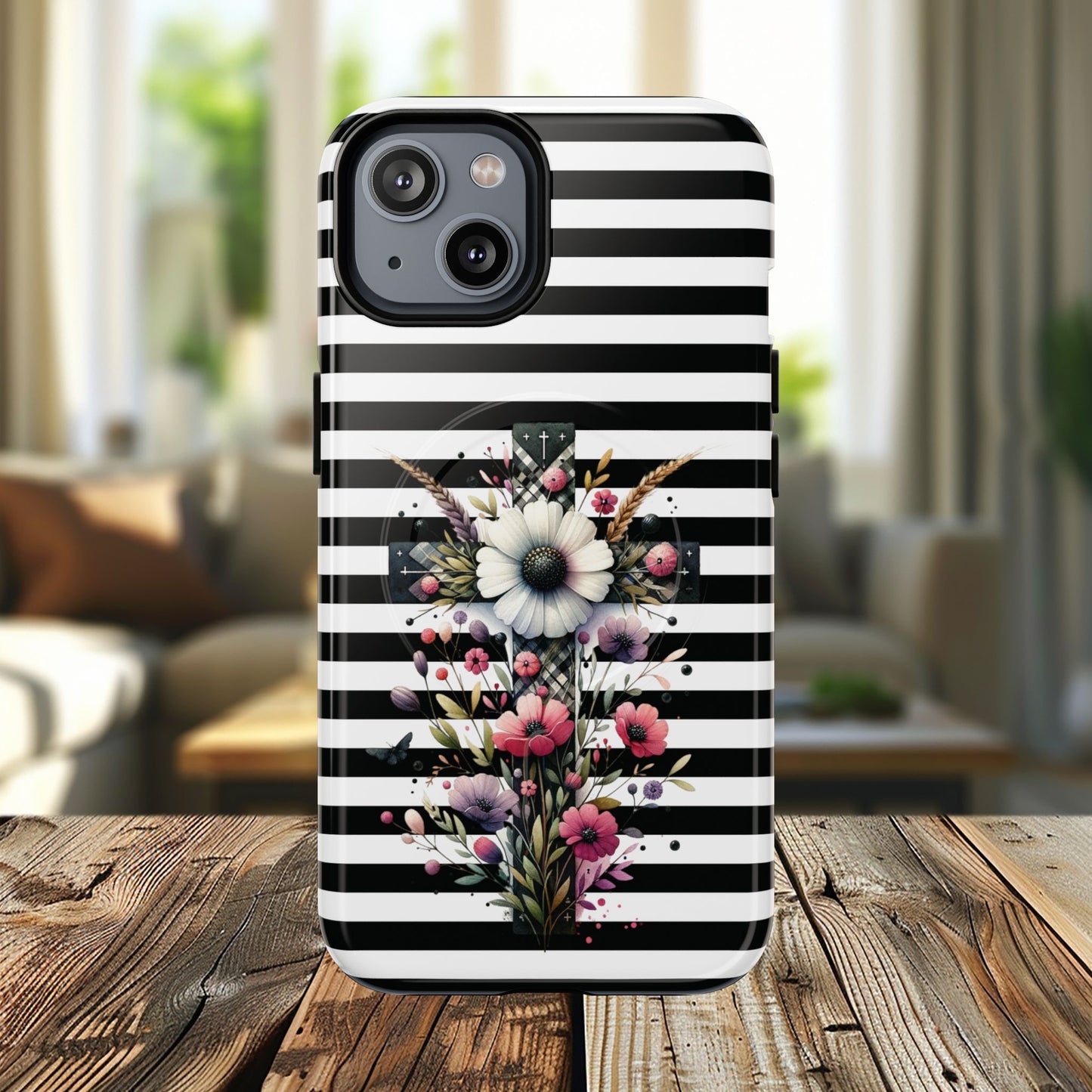 Faith in Bloom Tough iPhone Magnetic Case, iPhone Accessories, Floral iPhone Cover, Durable Cases for Gifts, Black and White Stripes