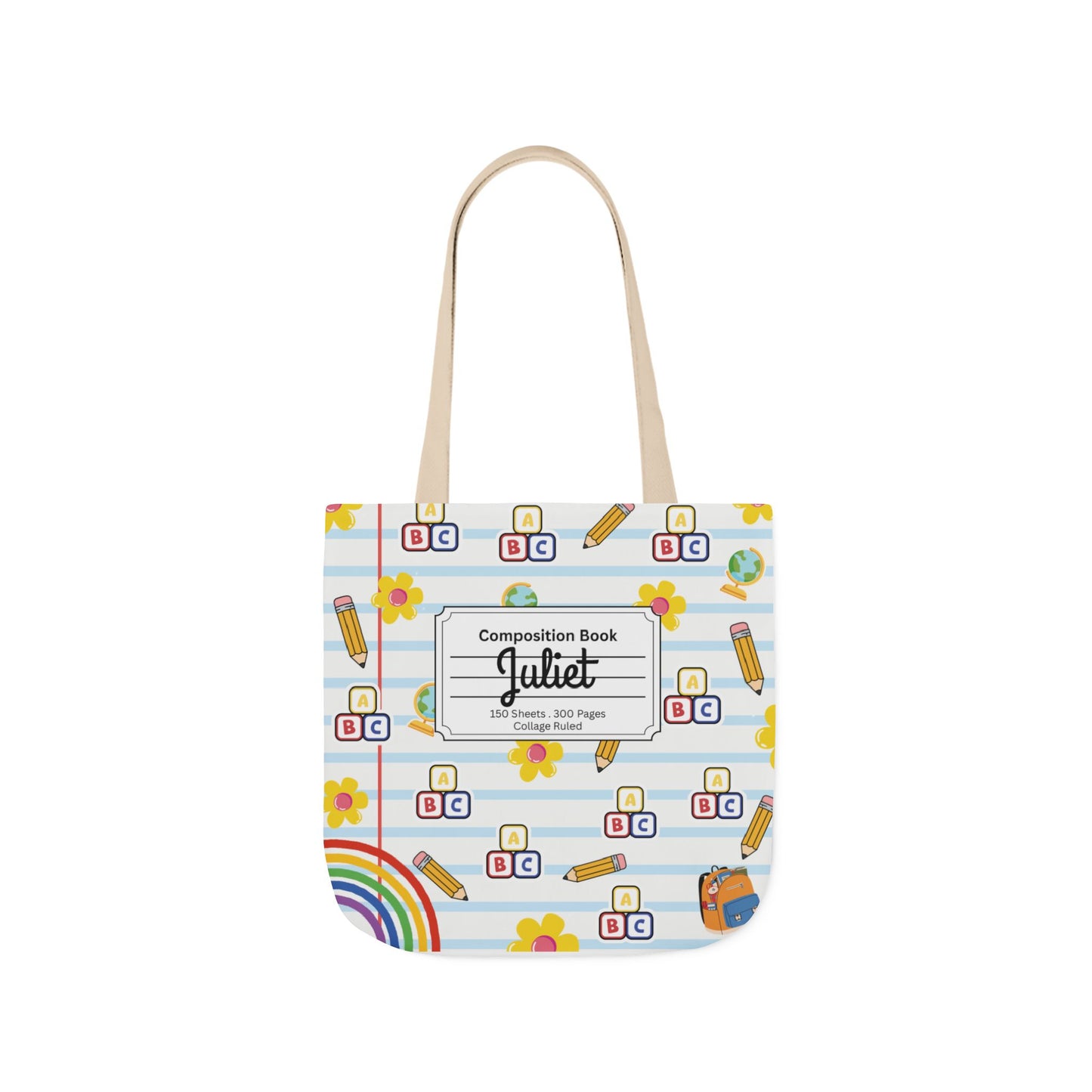 Personalized White Schoolyard Chic Composition Book Inspired Canvas Tote Bag with Colorful Straps, Cute School Bag, Eco-Friendly Tote, Back to School Shopping Bag, Teacher Gift Idea
