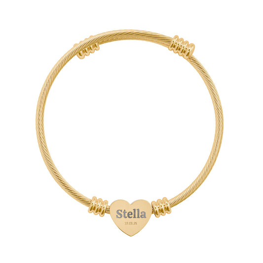 Personalized Heart Cuff Bracelet — Engraved Name Heart Bangle (Silver or Gold)