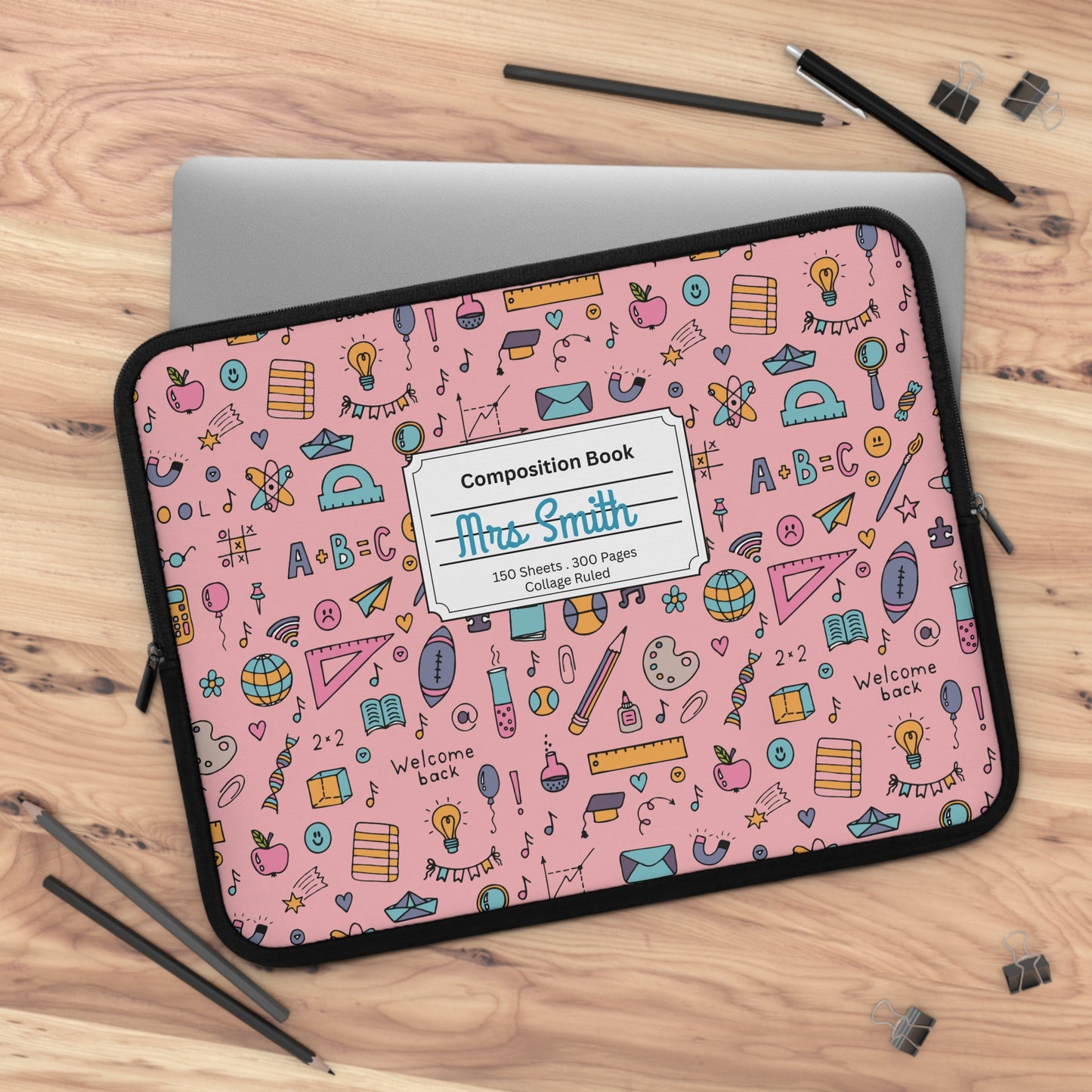 Personalized Pink Chalkboard Chic Laptop Sleeve with Composition Book Inspired Design, Customizable Tech Case, School Supplies, Gift for Students, College Essentials, Back to School