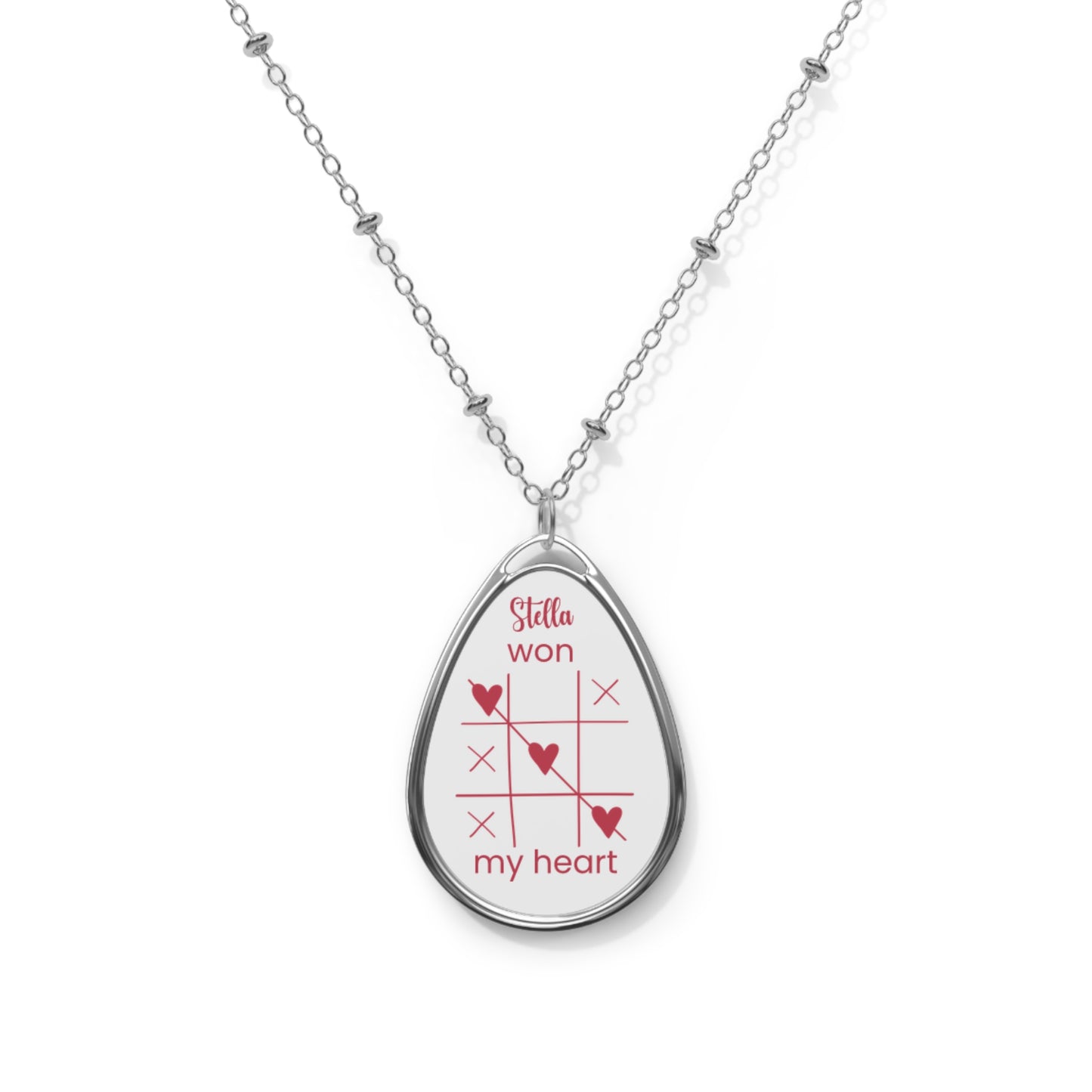 Tic-Tac-Toe Heart Oval Necklace — "Stella won my heart" Engraved Pendant