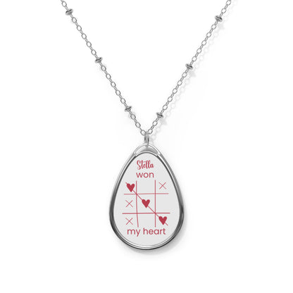 Tic-Tac-Toe Heart Oval Necklace — "Stella won my heart" Engraved Pendant