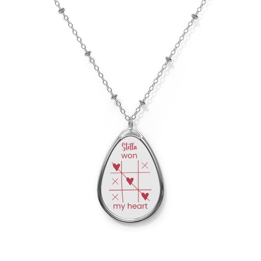 Tic-Tac-Toe Heart Oval Necklace — "Stella won my heart" Engraved Pendant