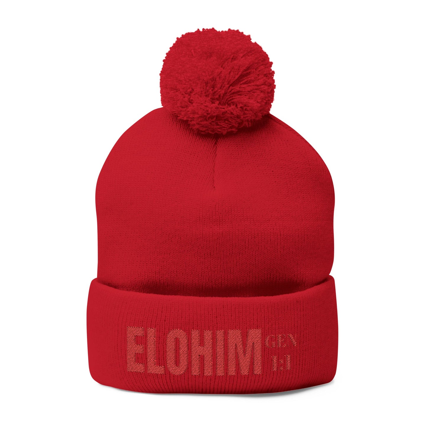 Red Pom-Pom Knit Cap with 'ELOHIM, GENESIS 1:1'  Embroidery Beanie - Stylish Winter Accessory for All Ages, Perfect Gift for Birthdays, Holidays, and Outdoor Activities