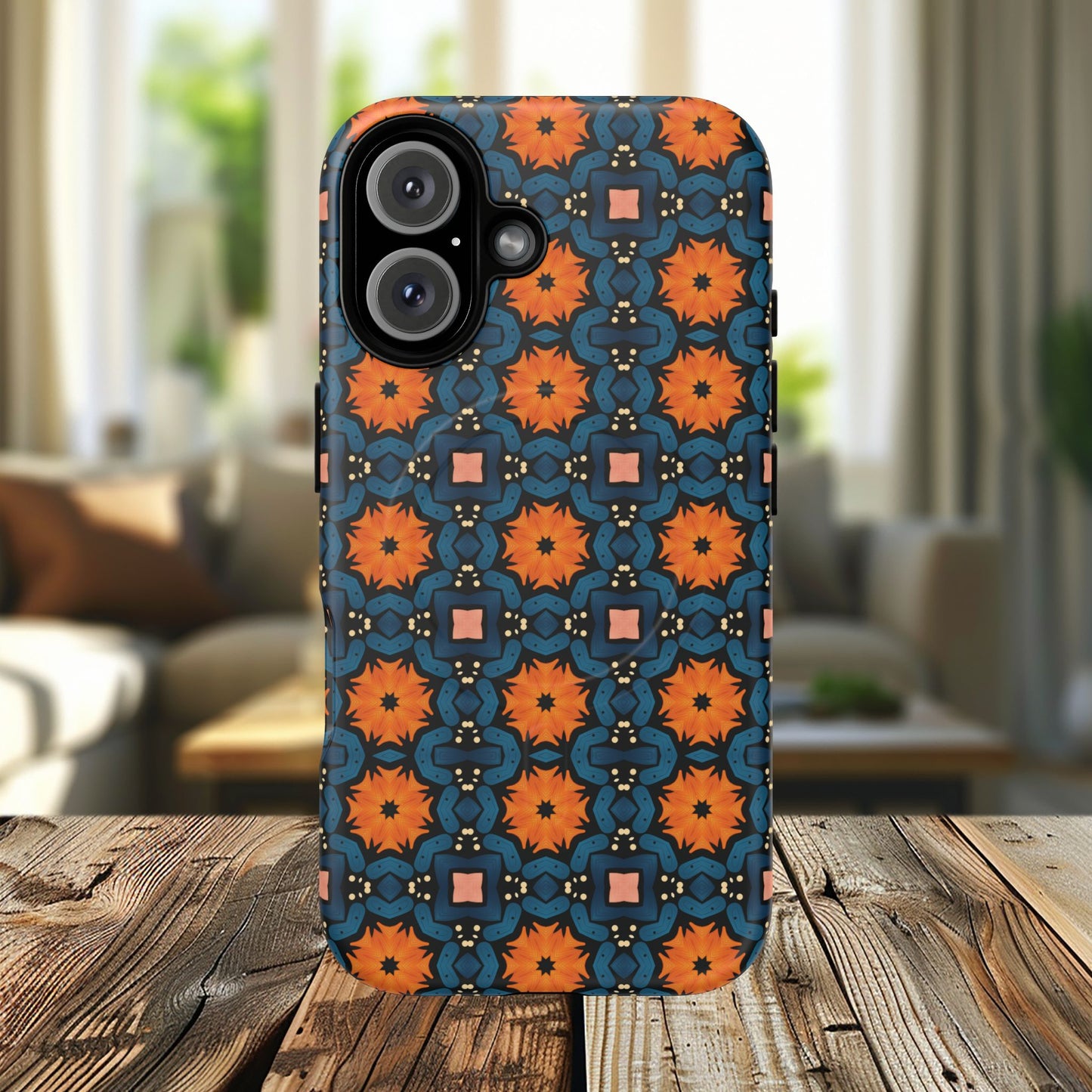 Saffron Tile Bloom Vibrant Floral Tough Magnetic iPhone Case, Durable iPhone Cover, Gift for Her, Floral Design, Unique iPhone Protection.