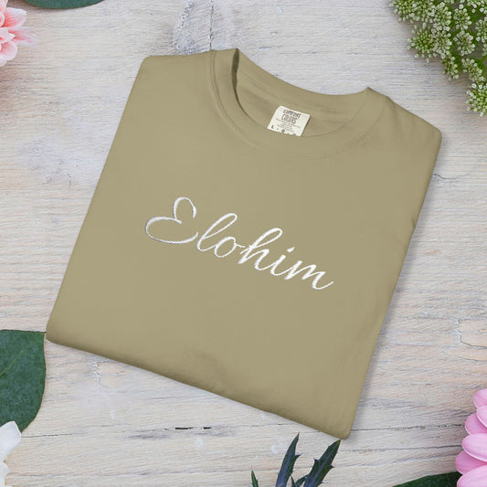 Embroidery 'ELOHIM, GENESIS 1:1' - Faith-Based Unisex Garment-Dyed Comfort Colors T-shirt, Faith Gift Tee, Religious Tee, Embroidery Tee.