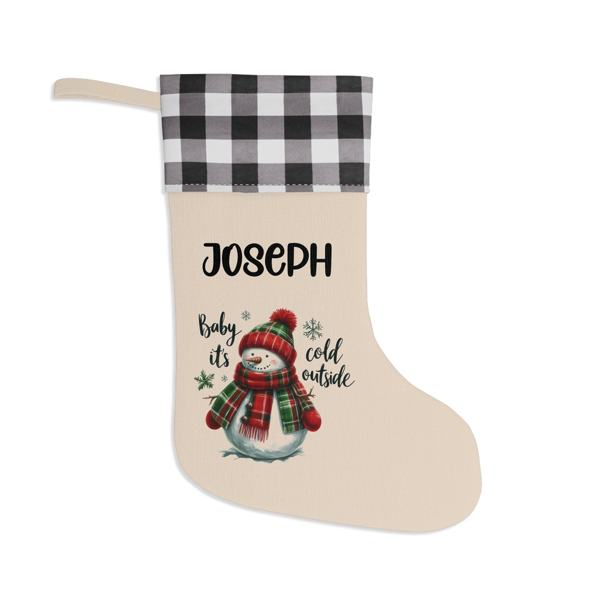 Personalized Christmas Stocking - Plaid Cuff Snowman "Baby It's Cold Outside"