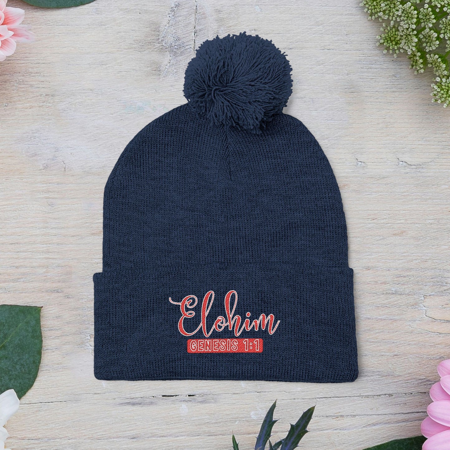 Red Pom-Pom Knit Cap with 'ELOHIM, GENESIS 1:1'  Embroidery Beanie - Stylish Winter Accessory for All Ages, Perfect Gift for Birthdays, Holidays, and Outdoor Activities