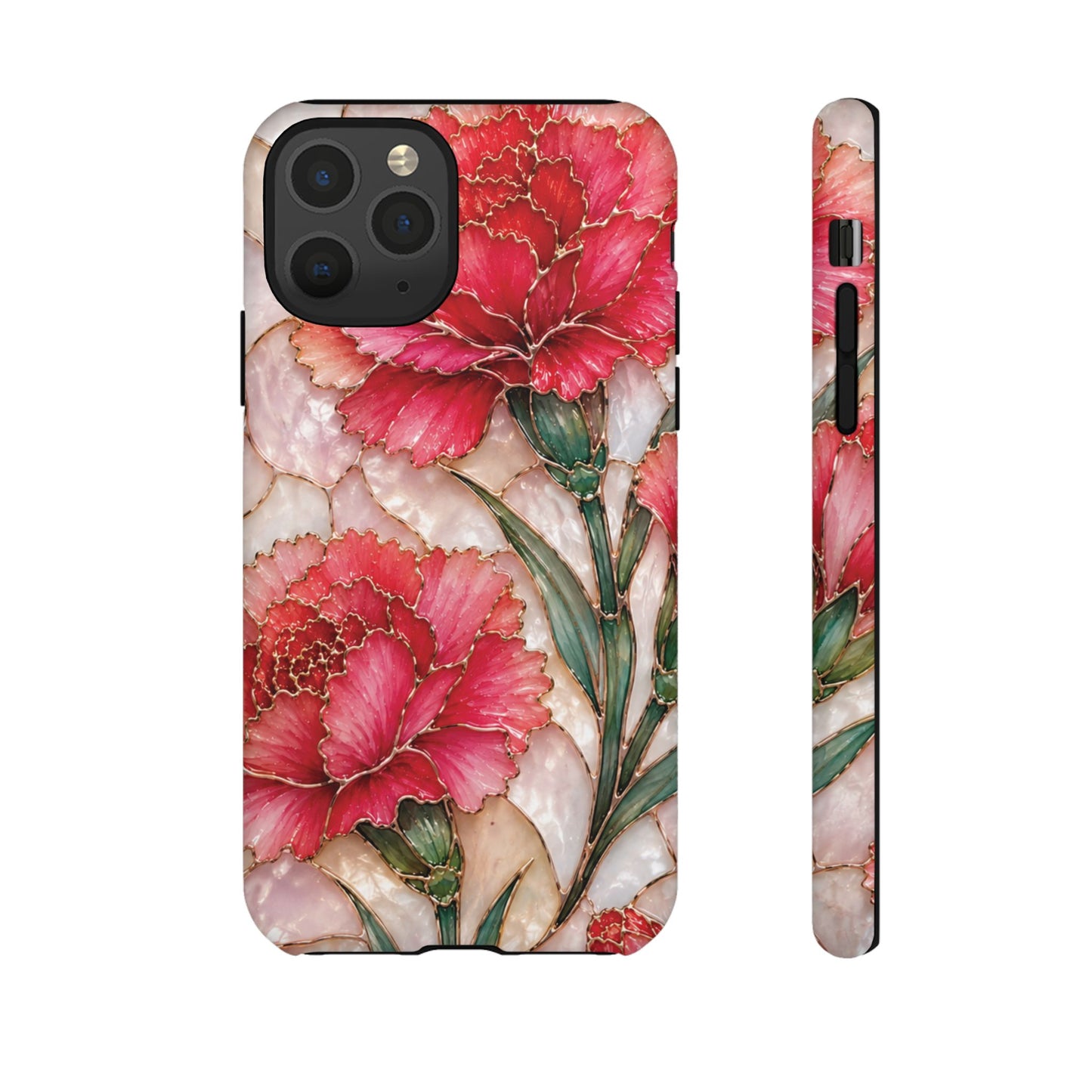 Stained Glass Effect Carnation Floral Tough Phone Case – Pink Vintage Botanical Protective Cover