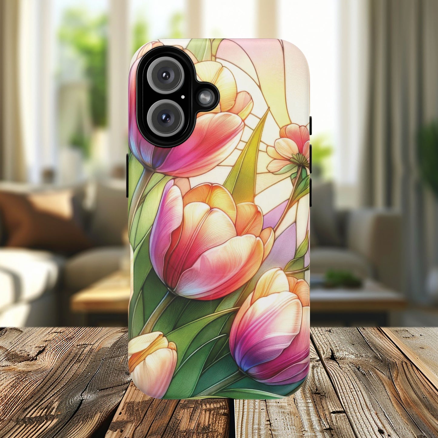 Tulip Glow Tough iPhone Magnetic Case, Floral Design, Spring Gift, Durable Protection, Smartphone Accessories, MagSafe Accessories, Stained Glass Tulip Gift