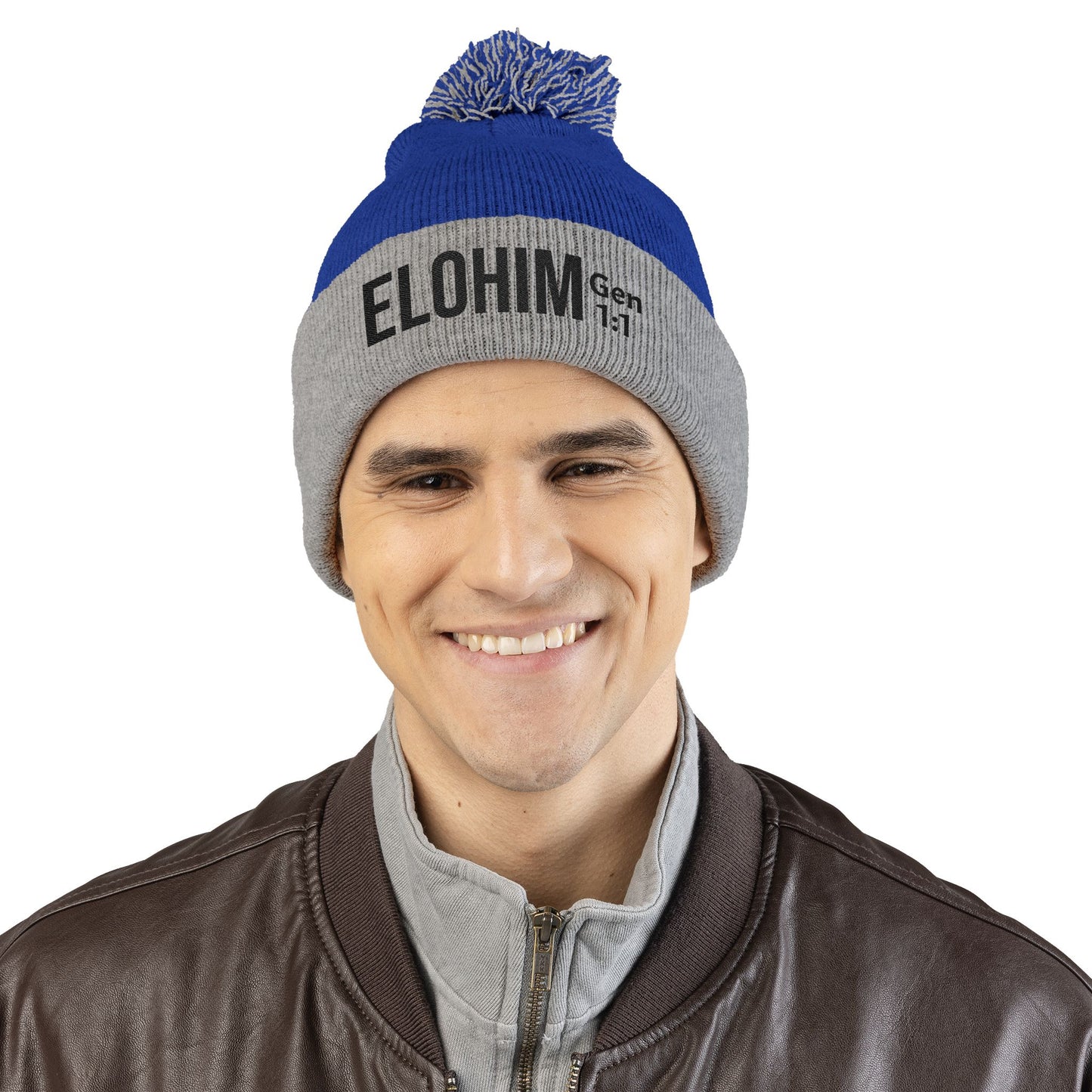 Cozy Pom-Pom Knit Cap with 'ELOHIM, GENESIS 1:1'  Embroidery Beanie - Stylish Winter Accessory for All Ages, Perfect Gift for Birthdays, Holidays, and Outdoor Activities