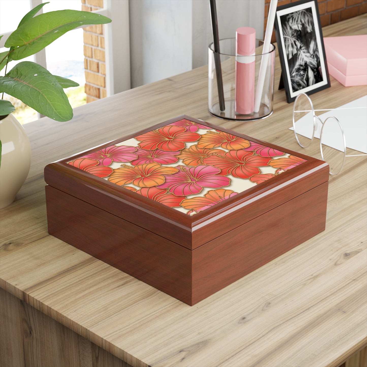 Hibiscus Floral Jewelry Box – Tropical Orange & Pink Keepsake Box