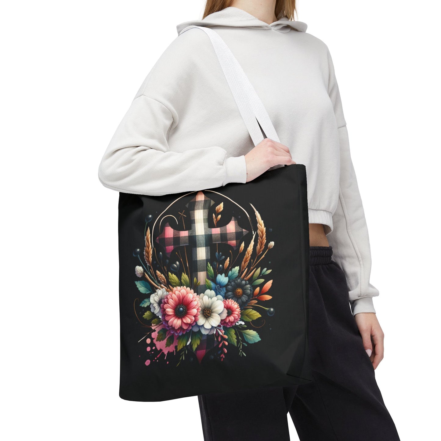 Faith and Floral Cross Heart Tote Bag