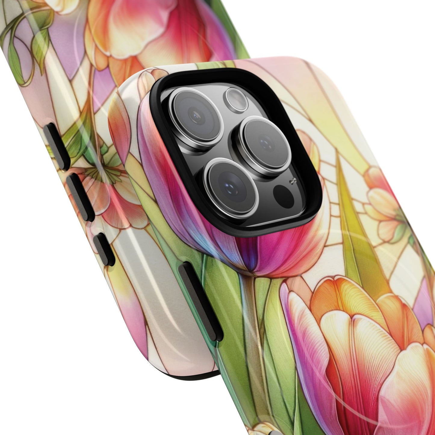 Tulip Glow Tough iPhone Magnetic Case, Floral Design, Spring Gift, Durable Protection, Smartphone Accessories, MagSafe Accessories, Stained Glass Tulip Gift