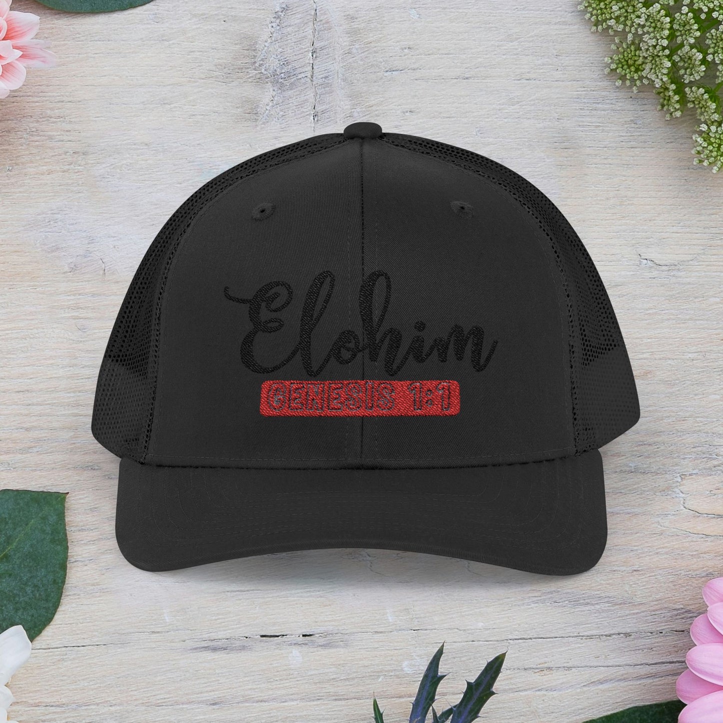 Embroidery 'ELOHIM, GENESIS 1:1' Faith Snapback Trucker Cap - Religious Hat, Stylish Accessory, Gift for Believers, Casual Wear, Outdoor Events, Faith-Based, Name of GOD.