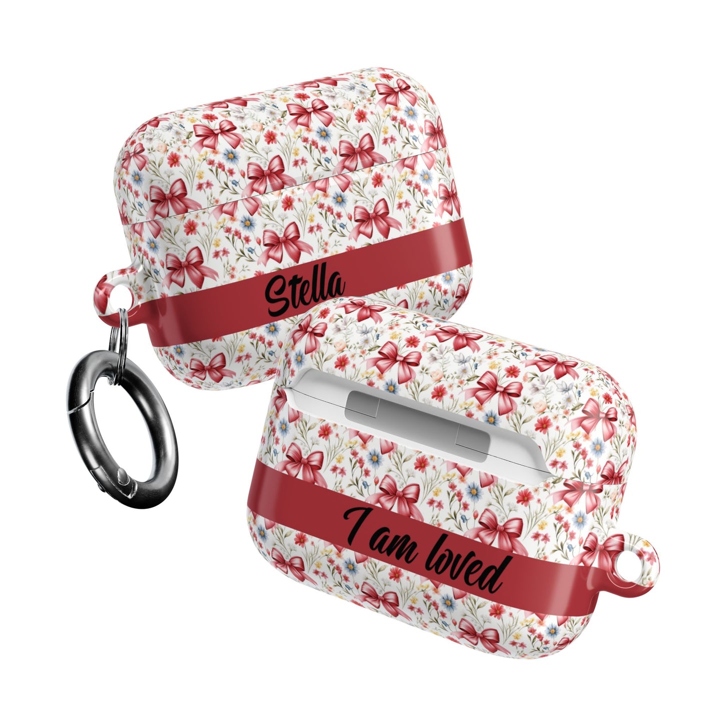 Personalized Rosette Coquette Floral AirPods Pro Gen 1, 2 and Airpods Gen 1, 2, 3, 4 Case — Red Bow Pattern with Custom Name Text.