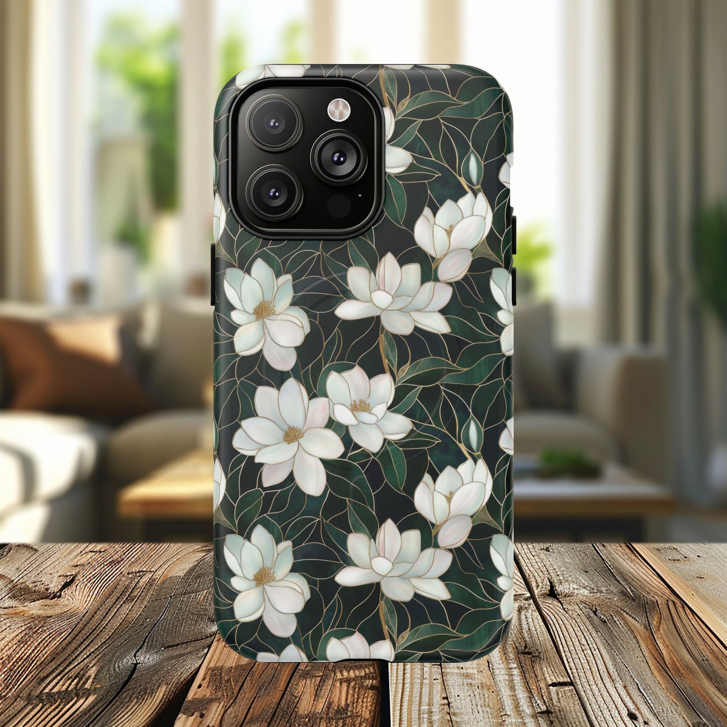 Midnight Magnolia Tough iPhone Magnetic Case, Stylish Stained Glass iPhone Protection, Nature Lover Gift, Spring Vibes