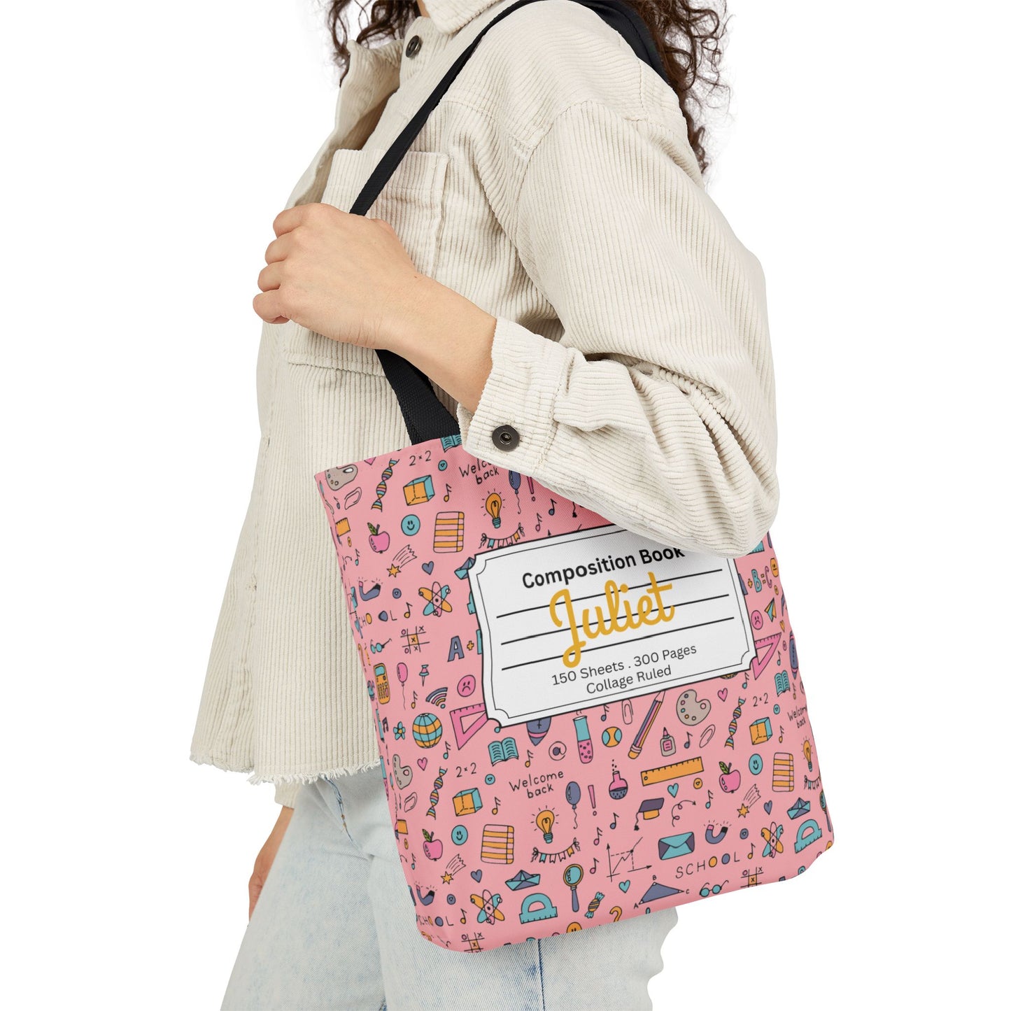 Personalized Pink Chalkboard Chic Composition Book Inspired Canvas Tote Bag with Colorful Straps, Cute School Bag, Eco-Friendly Tote, Back to School Shopping Bag, Teacher Gift Idea