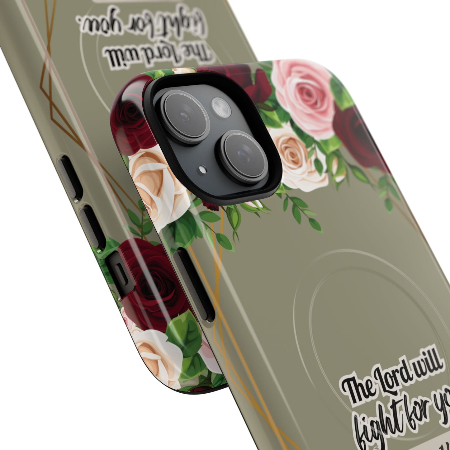The Lord will Fight for You Exodus 14:14, Inspirational Gift, Tough iPhone Magnetic Case Scripture, Roses Bible Verse, MagSafe® iPhone® Tough Case, iPhone 14, iPhone 15, iPhone 16, Pro, Pro Max, Plus.