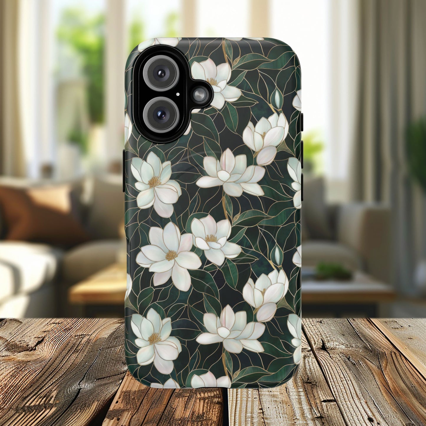 Midnight Magnolia Tough iPhone Magnetic Case, Stylish Stained Glass iPhone Protection, Nature Lover Gift, Spring Vibes