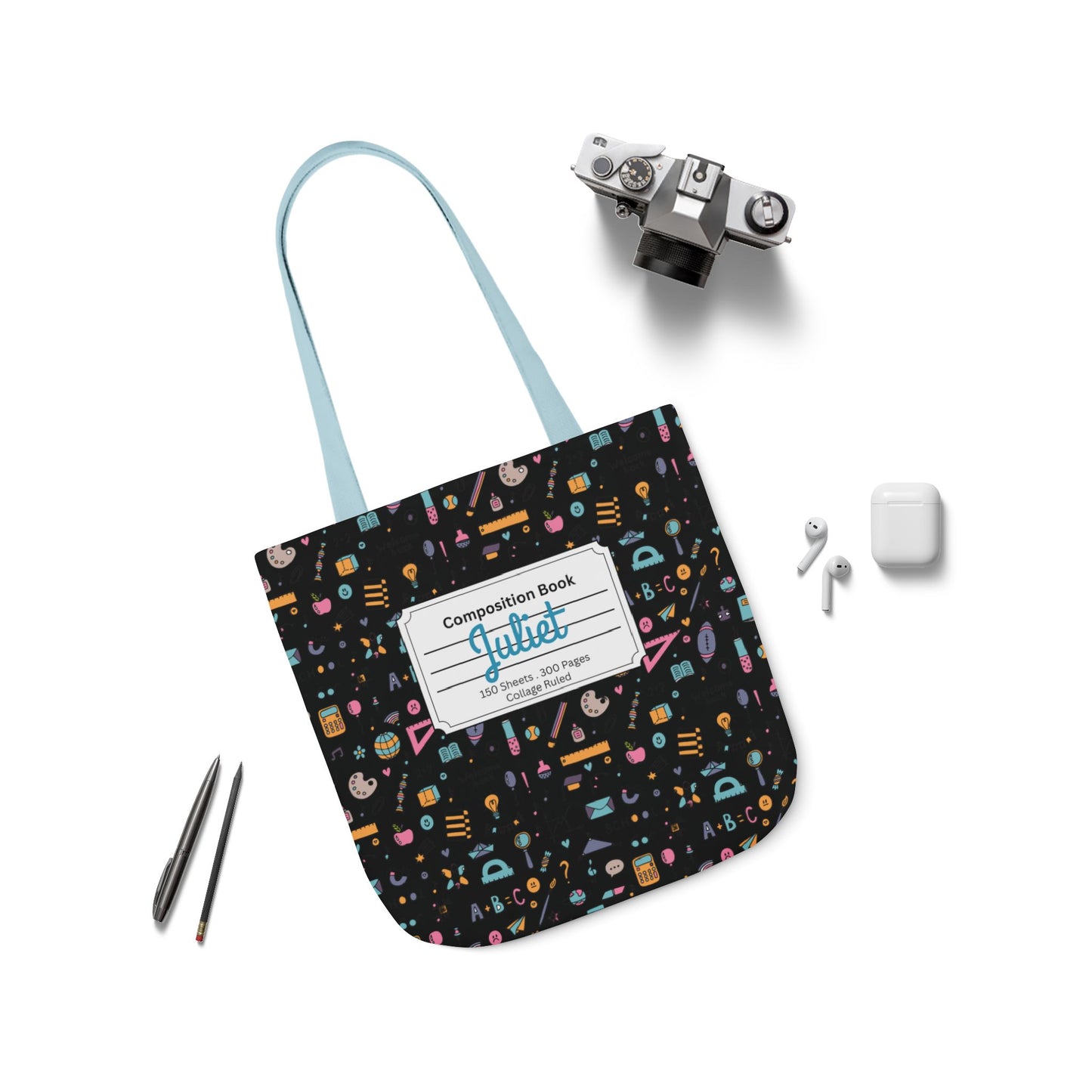 Personalized Chalkboard Chic Composition Book Inspired Canvas Tote Bag with Colorful Straps, Cute School Bag, Eco-Friendly Tote, Back to School Shopping Bag, Teacher Gift Idea