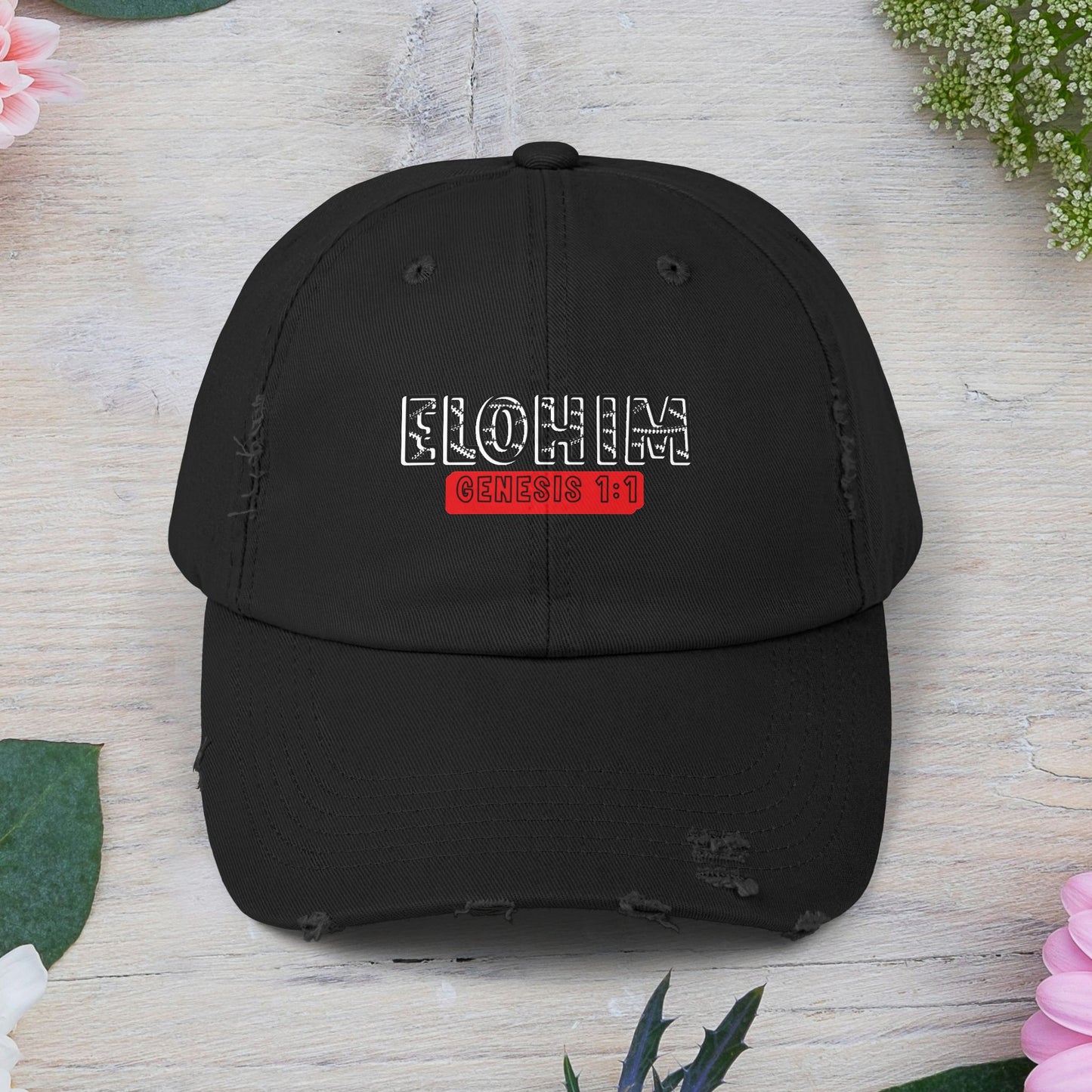 'ELOHIM, GENESIS 1:1- Distressed Cap – Unisex Faith-Inspired Hat for Everyday Wear, Bible Verse Cap, Gift for Religious Friends, Casual Accessories