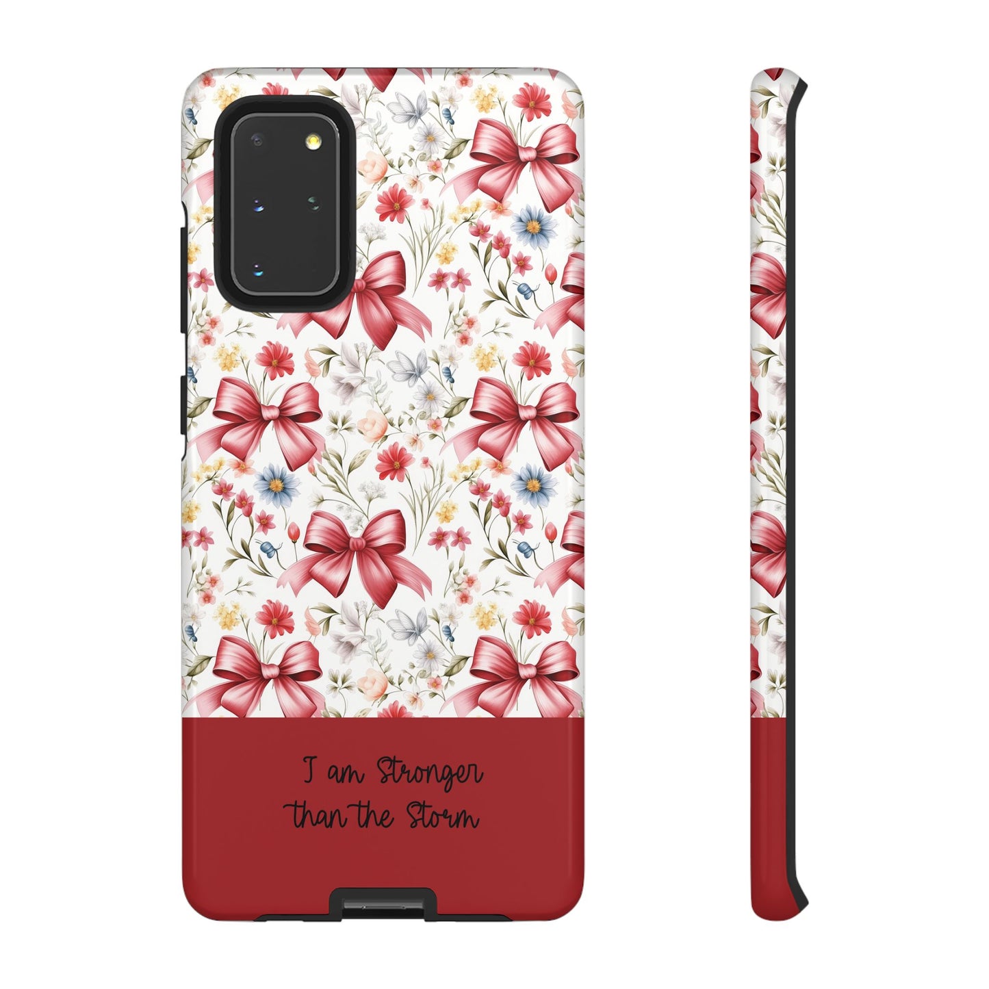 Personalized Rosette Coquette Phone Case - Custom Name/Message 'I Am Stronger Than The Storm' Floral Bow Protective Case