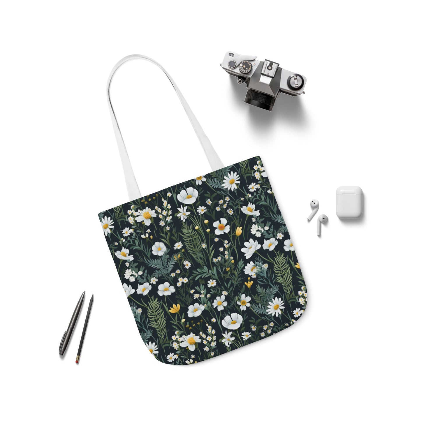 Daisy Delight Floral Canvas Tote Bag with 5-Color Straps | Eco-Friendly Shopping Bag