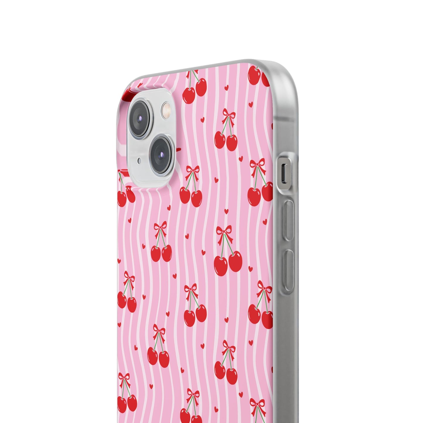 Personalized Cherry Blossom Dreams Flexi Case — Pink Retro Cherry iPhone® 7/8, 11, 12, 13, 14, 15, 16, 17, X/XS, SE, XR, Mini, Pro, Pro Max, Plus Cases.