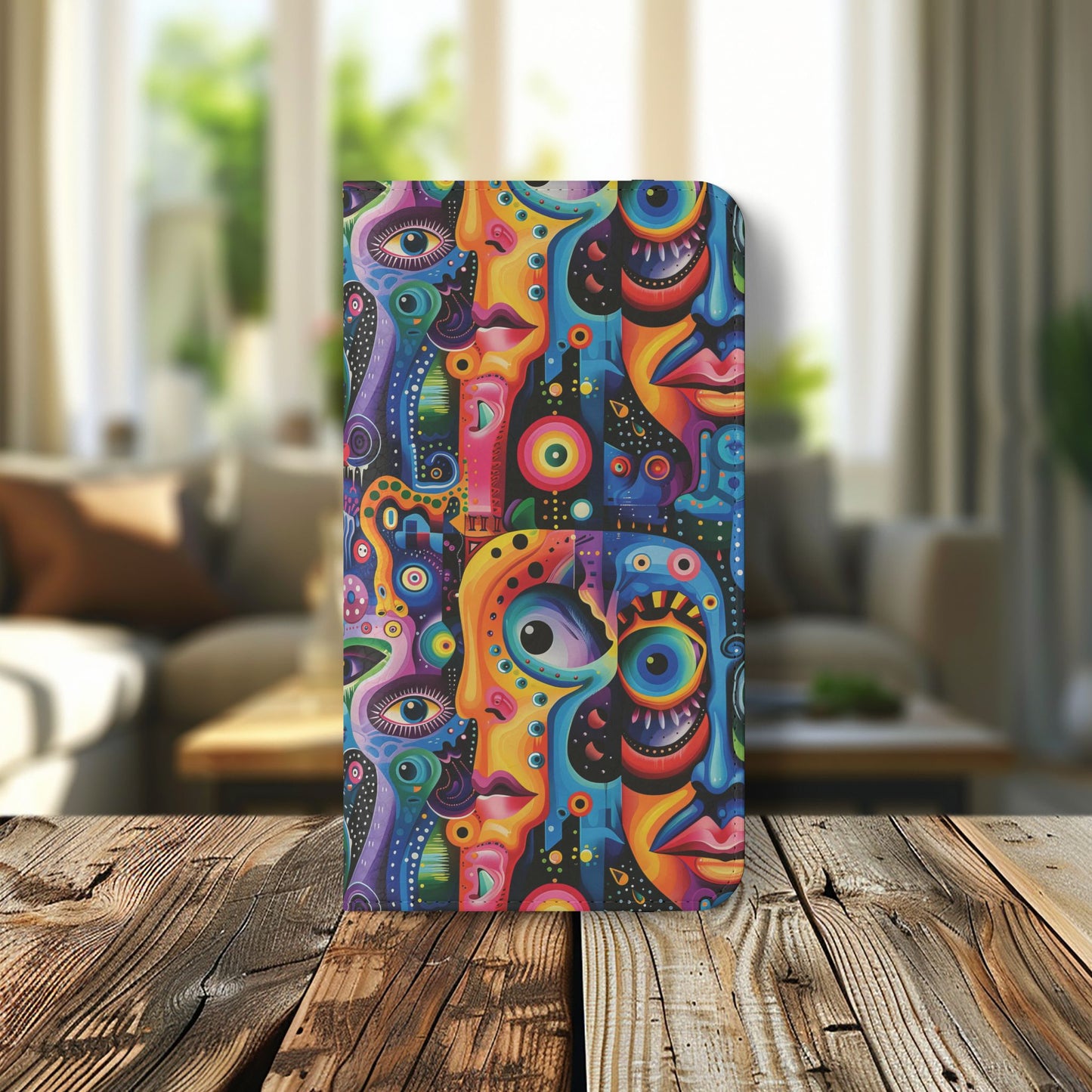 Psychedelic Visions Vibrant Art Flip iPhone and Samsung Phone Case - Colorful Faces Design for Phone Protection