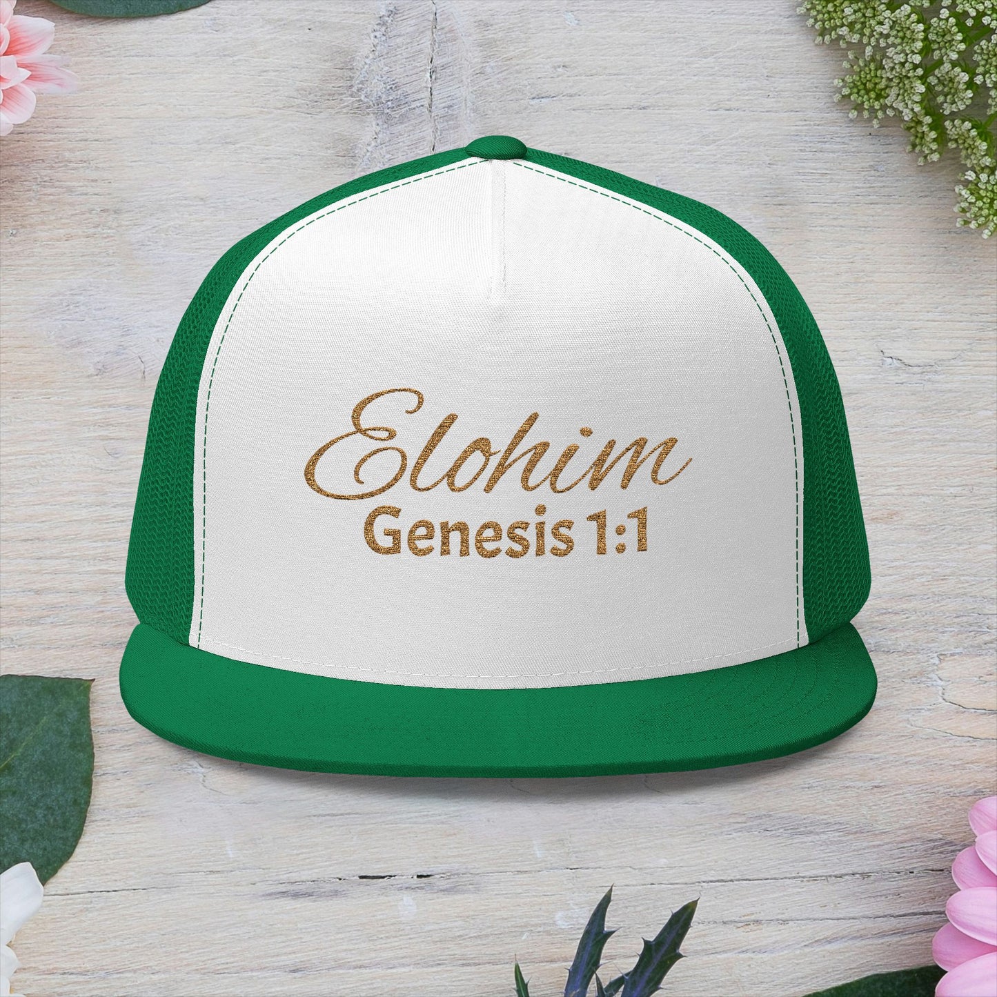 'ELOHIM, GENESIS 1:1'  Embroidered 5 Panel Trucker Cap | Casual Style Hat, Adjustable, Unisex, Perfect Gift for Outdoors, Festivals, Daily Wear
