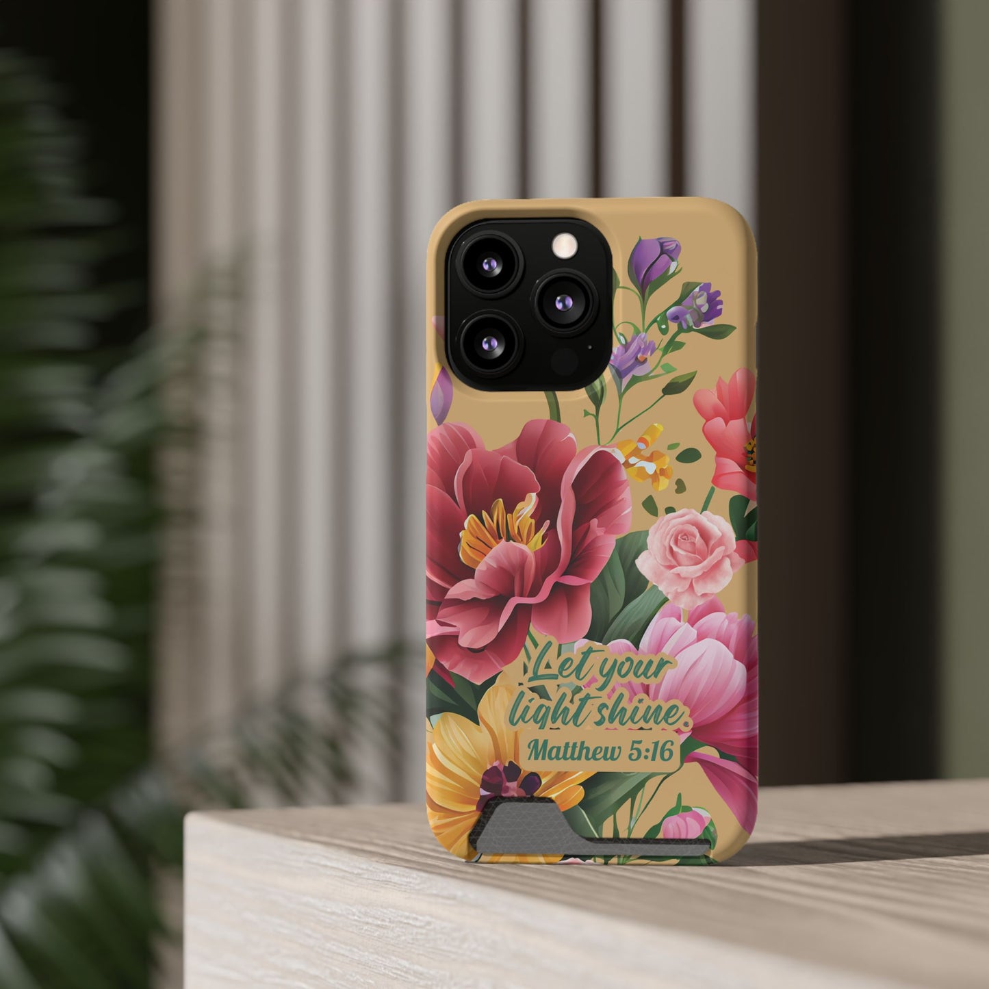 Floral Bible Verse Phone Case with Card Holder — "Let Your Light Shine" (Matthew 5:16)