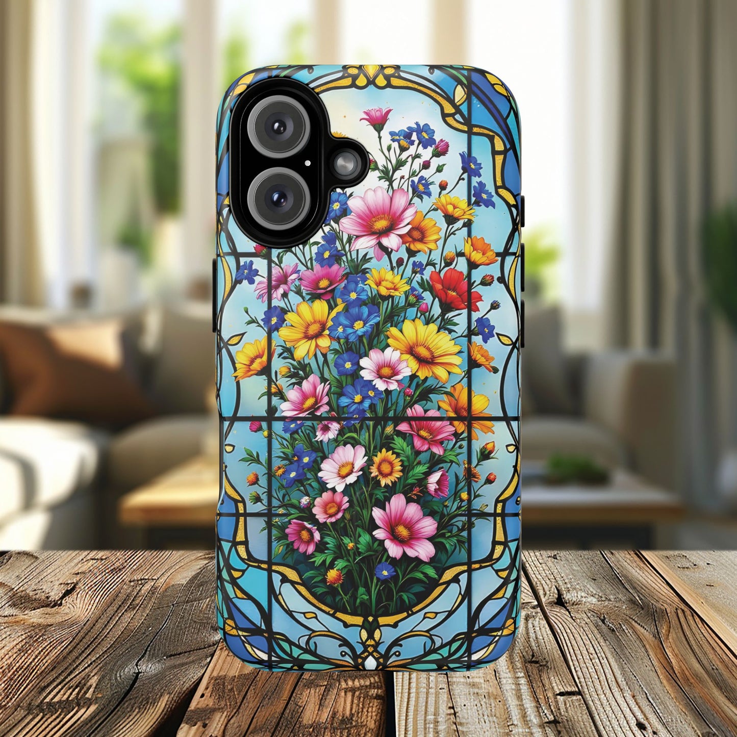 Floral Stained Glass Tough Magnetic Case, Durable Phone Cover, Gift for Nature Lovers, Unique Floral Design, Phone Accessories for All Occasions.