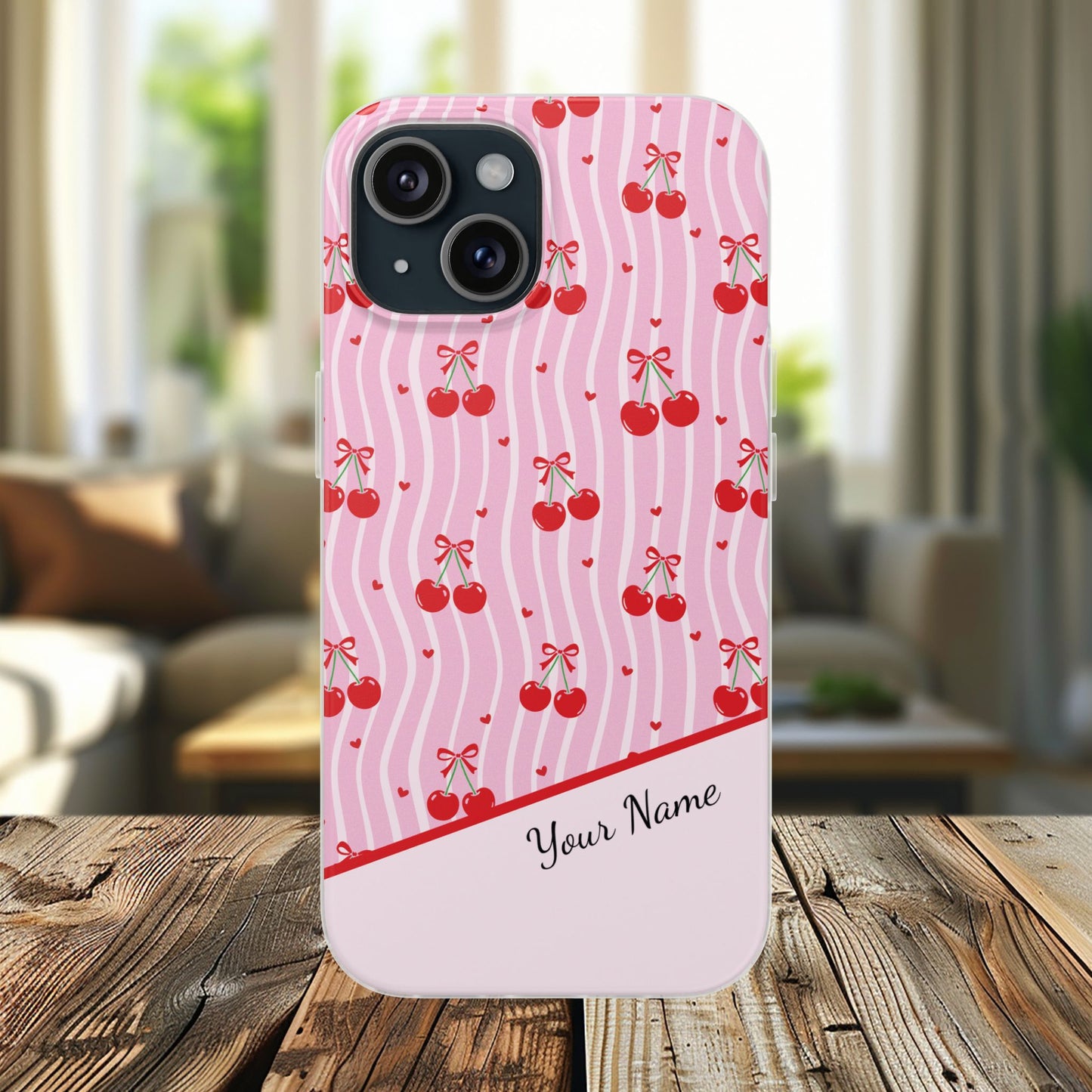 Personalized Cherry Blossom Dreams Flexi Case — Pink Retro Cherry iPhone® 7/8, 11, 12, 13, 14, 15, 16, 17, X/XS, SE, XR, Mini, Pro, Pro Max, Plus Cases.