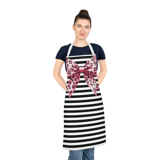 Striped Pink Bow Animal Print Chef Apron with Loop & Ties