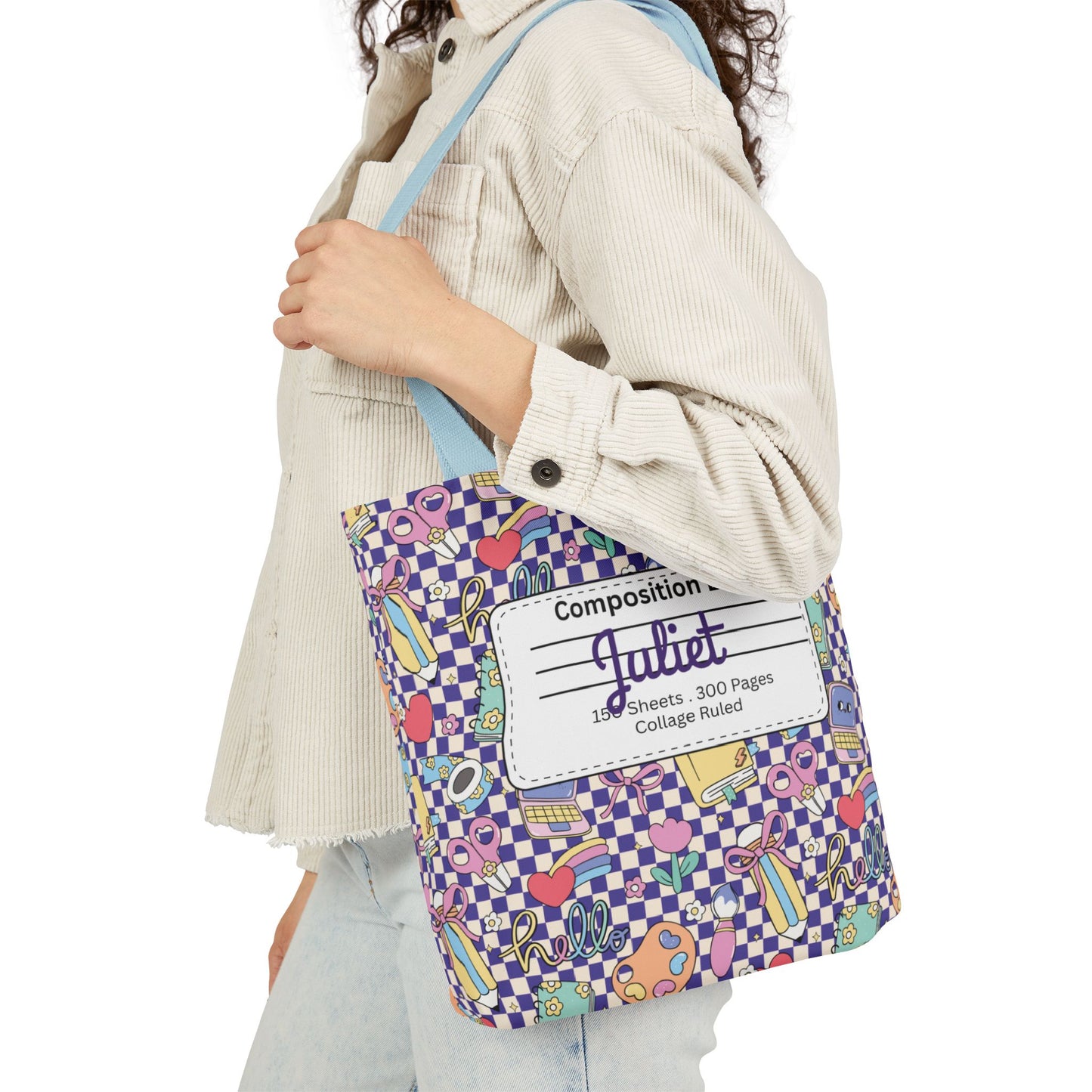 Personalized Purple Doodle Daydream Composition Book Inspired Canvas Tote Bag with Colorful Straps, Cute School Bag, Eco-Friendly Tote, Back to School Shopping Bag, Teacher Gift Idea
