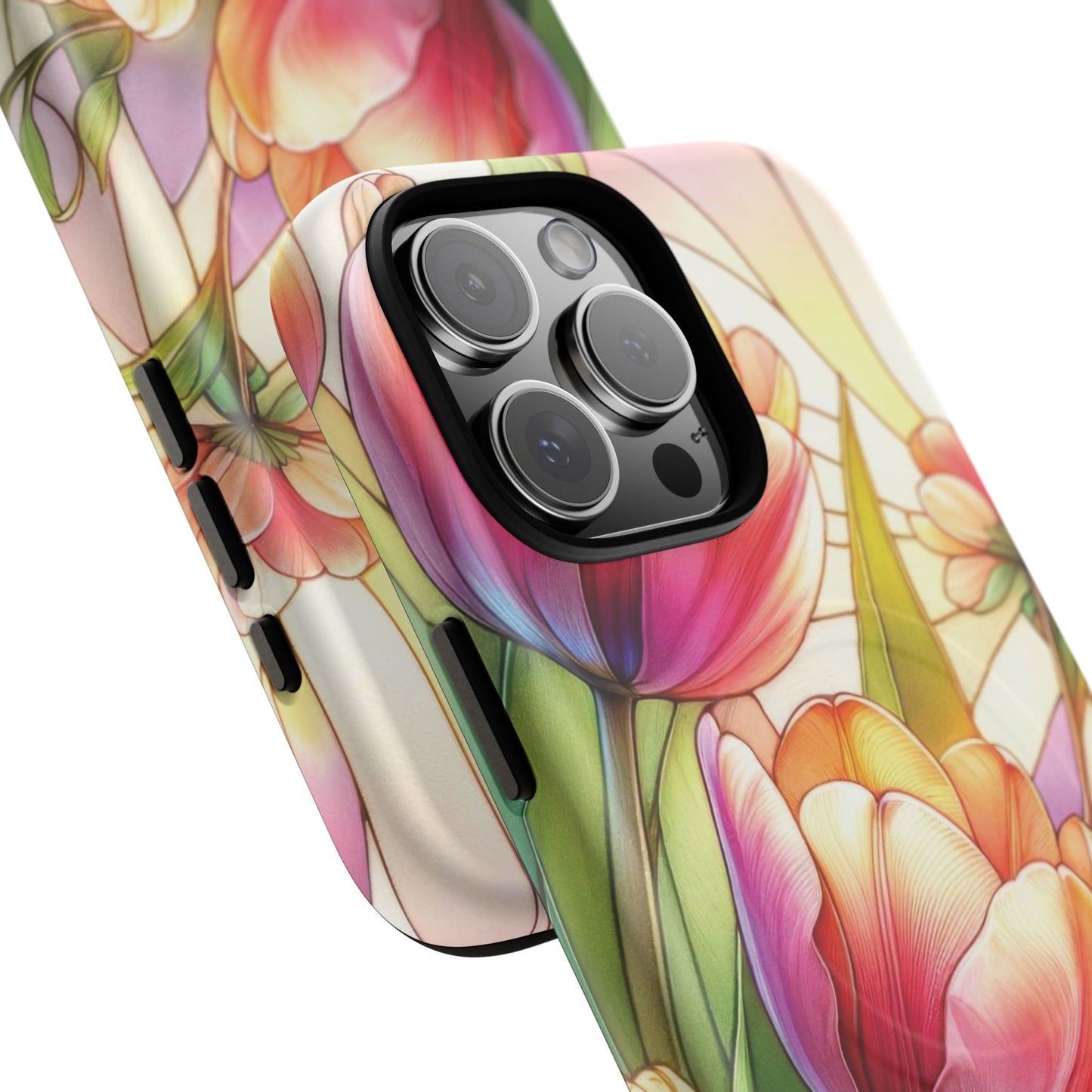 Tulip Glow Tough iPhone Magnetic Case, Floral Design, Spring Gift, Durable Protection, Smartphone Accessories, MagSafe Accessories, Stained Glass Tulip Gift