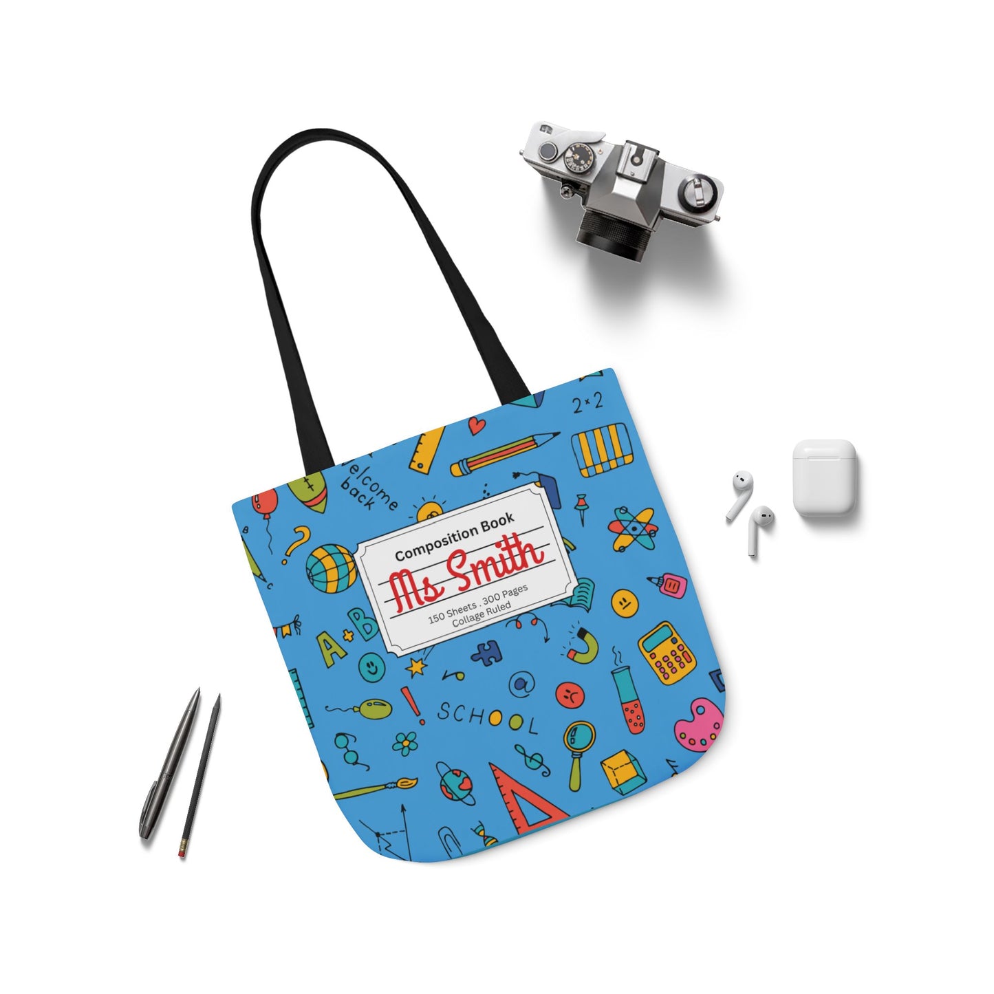 Personalized Classroom Couture Composition Book Inspired Canvas Tote Bag with Colorful Straps, Cute School Bag, Eco-Friendly Tote, Back to School Shopping Bag, Teacher Gift Idea