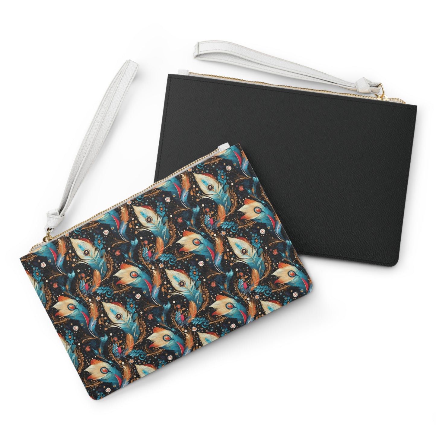 Ethereal Feathers Clutch Bag - Vegan Leather Saffiano Pattern Fashionista On-the-Go Zip Fastening Wrist Strap.