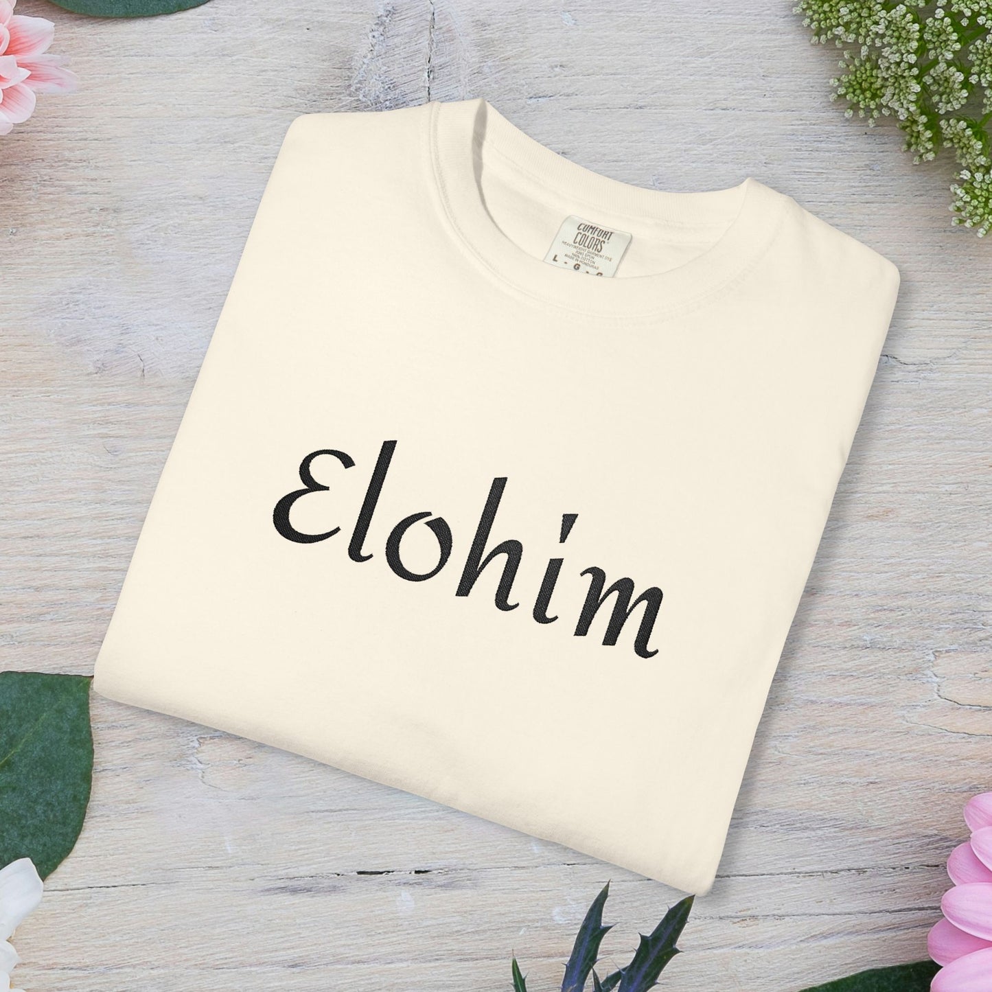 Embroidery 'ELOHIM, GENESIS 1:1' - Faith-Based Unisex Garment-Dyed Comfort Colors T-shirt, Faith Gift Tee, Religious Tee, Embroidery Tee.