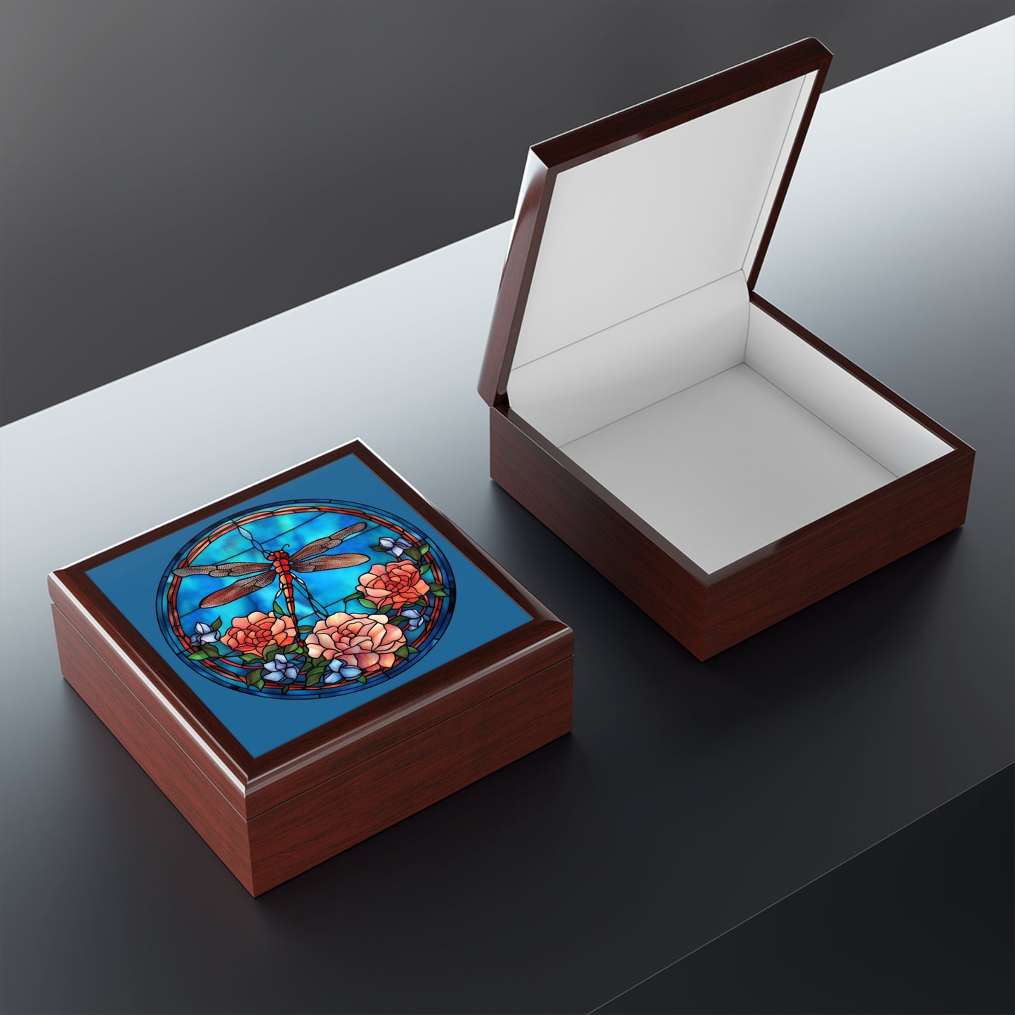Stained Glass Dragonfly Jewelry Box — Floral Keepsake Box for Women
