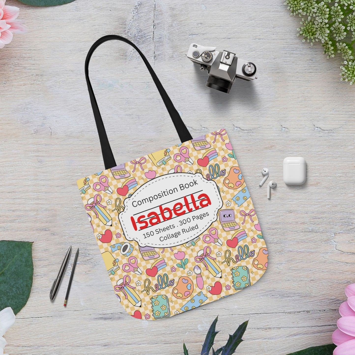 Personalized Doodle Daydream Composition Book Inspired Canvas Tote Bag with Colorful Straps, Cute School Bag, Eco-Friendly Tote, Back to School Shopping Bag, Teacher Gift Idea