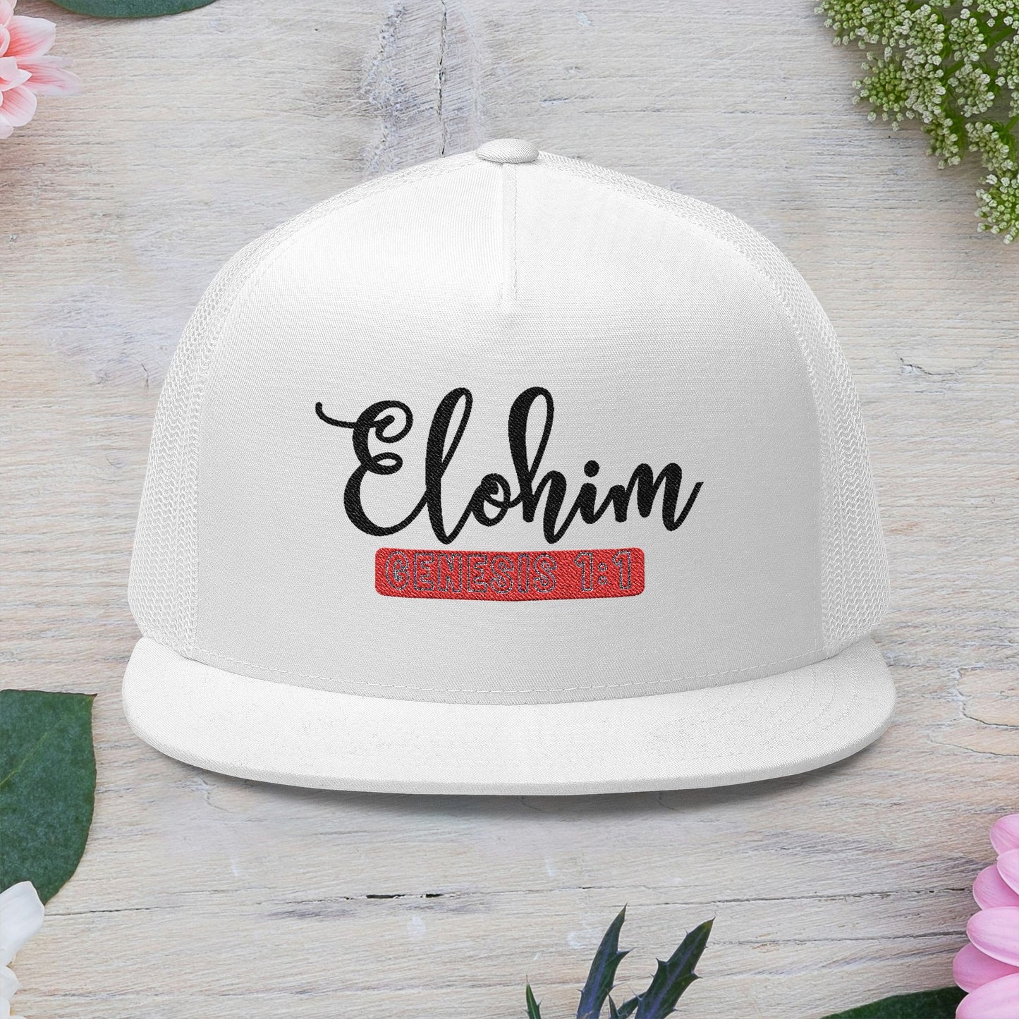 'ELOHIM, GENESIS 1:1'  Embroidered 5 Panel Trucker Cap | Casual Style Hat, Adjustable, Unisex, Perfect Gift for Outdoors, Festivals, Daily Wear