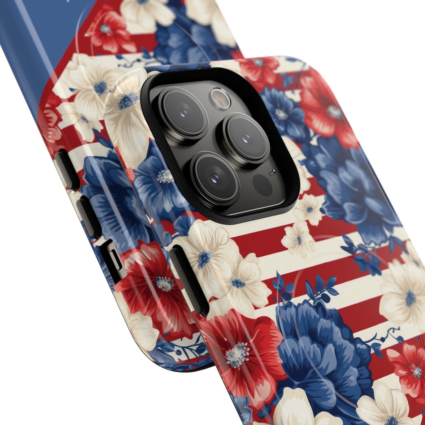 Personalized Stars, Stripes & Petals Tough Magnetic MagSafe Case, Patriotic Cover, Floral Design, Durable Protection, Gift for Her, Summer Vibes