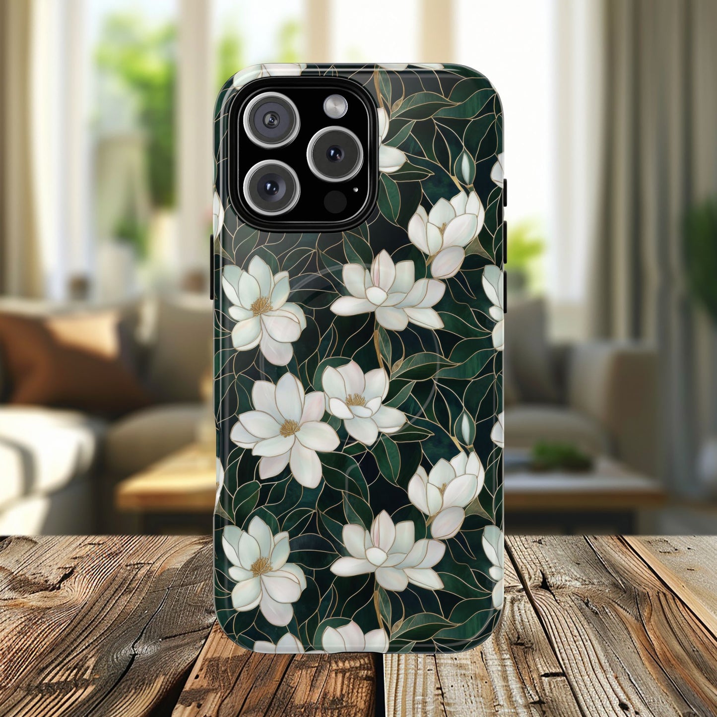 Midnight Magnolia Tough iPhone Magnetic Case, Stylish Stained Glass iPhone Protection, Nature Lover Gift, Spring Vibes